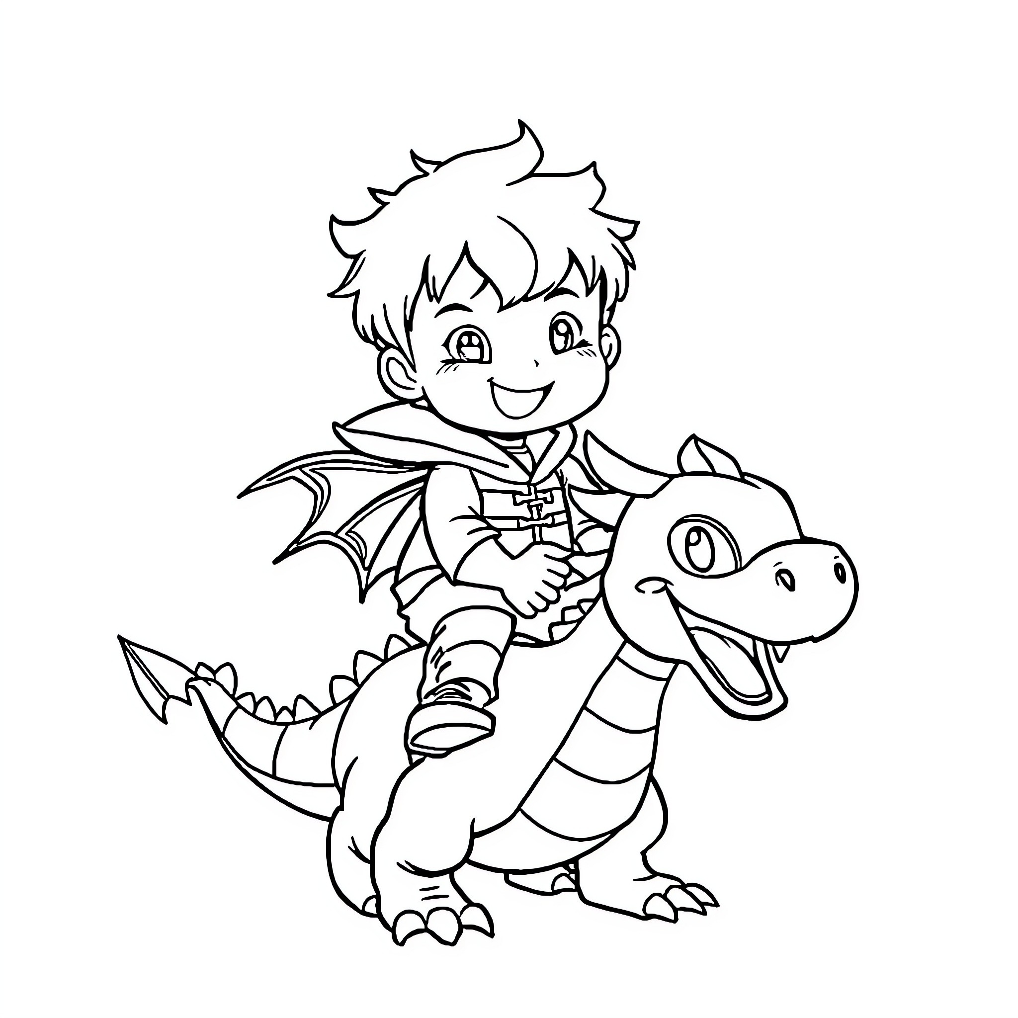 Dragon Boy riding a friendly dragon Coloring Page (free black-and-white line drawing printable PDF for all, from beginners to advanced learners, including children, teens, adults, and seniors)