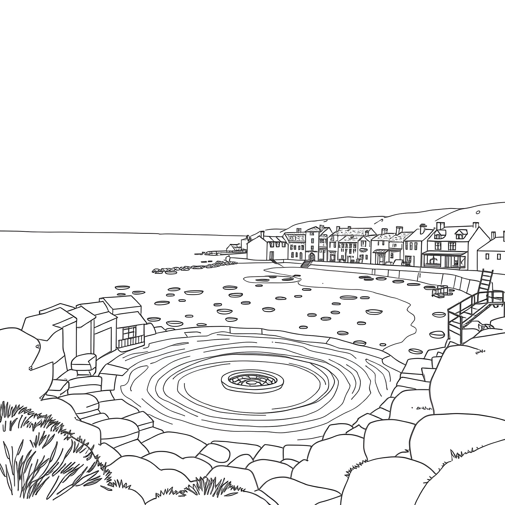 Sea Pool in a Coastal Town Coloring Page (free black-and-white line drawing printable PDF for all, from beginners to advanced learners, including children, teens, adults, and seniors)
