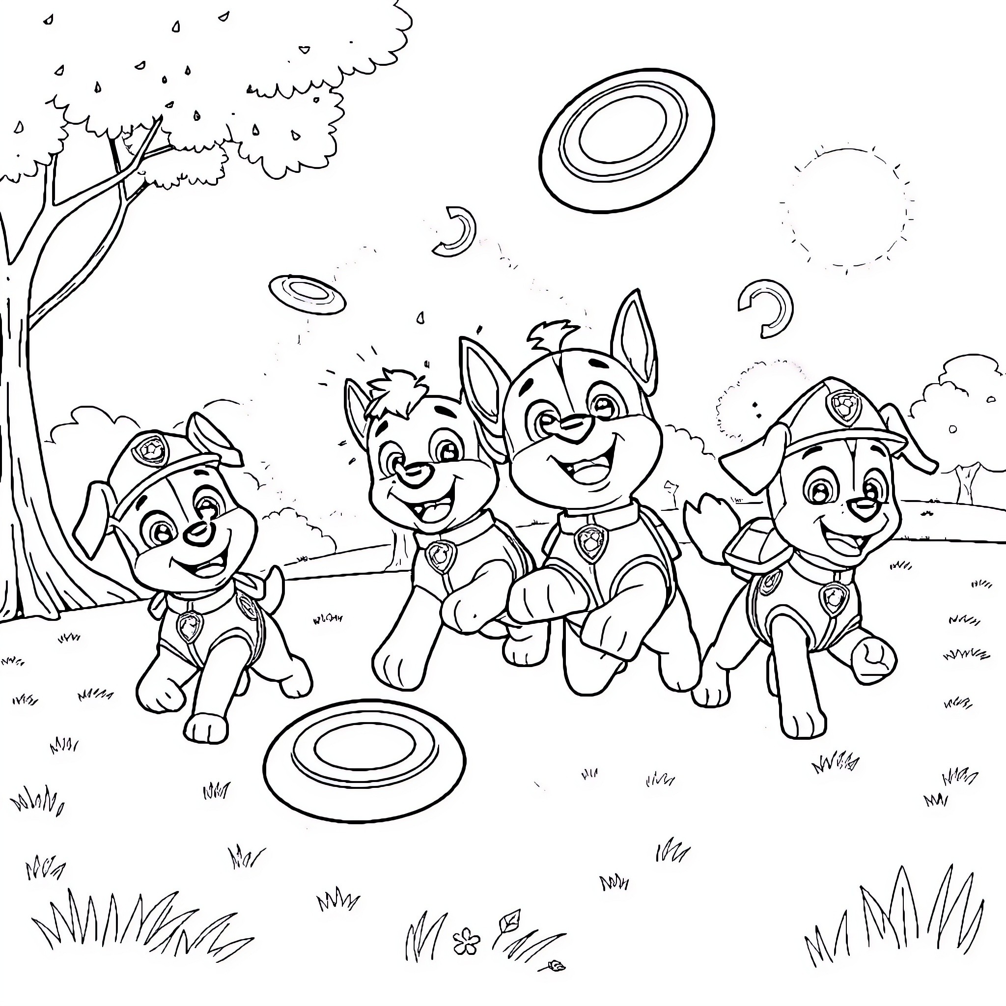 Paw Patrol Puppies Playing Outdoors with Toys Coloring Page (free black-and-white line drawing printable PDF for all, from beginners to advanced learners, including children, teens, adults, and seniors)