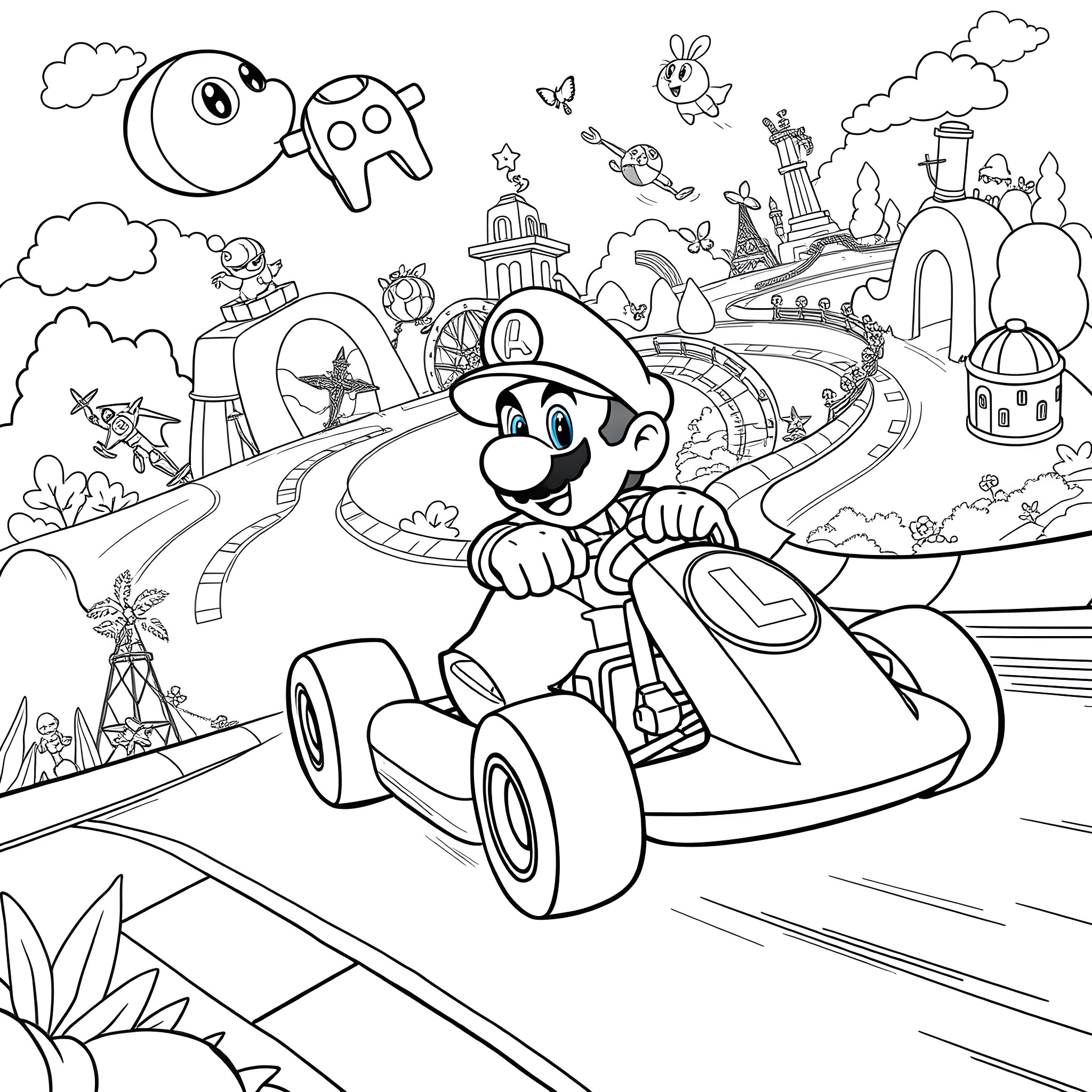 Mario Kart: Whimsical Kart Racing Adventure Coloring Page (free black-and-white line drawing printable PDF for all, from beginners to advanced learners, including children, teens, adults, and seniors)
