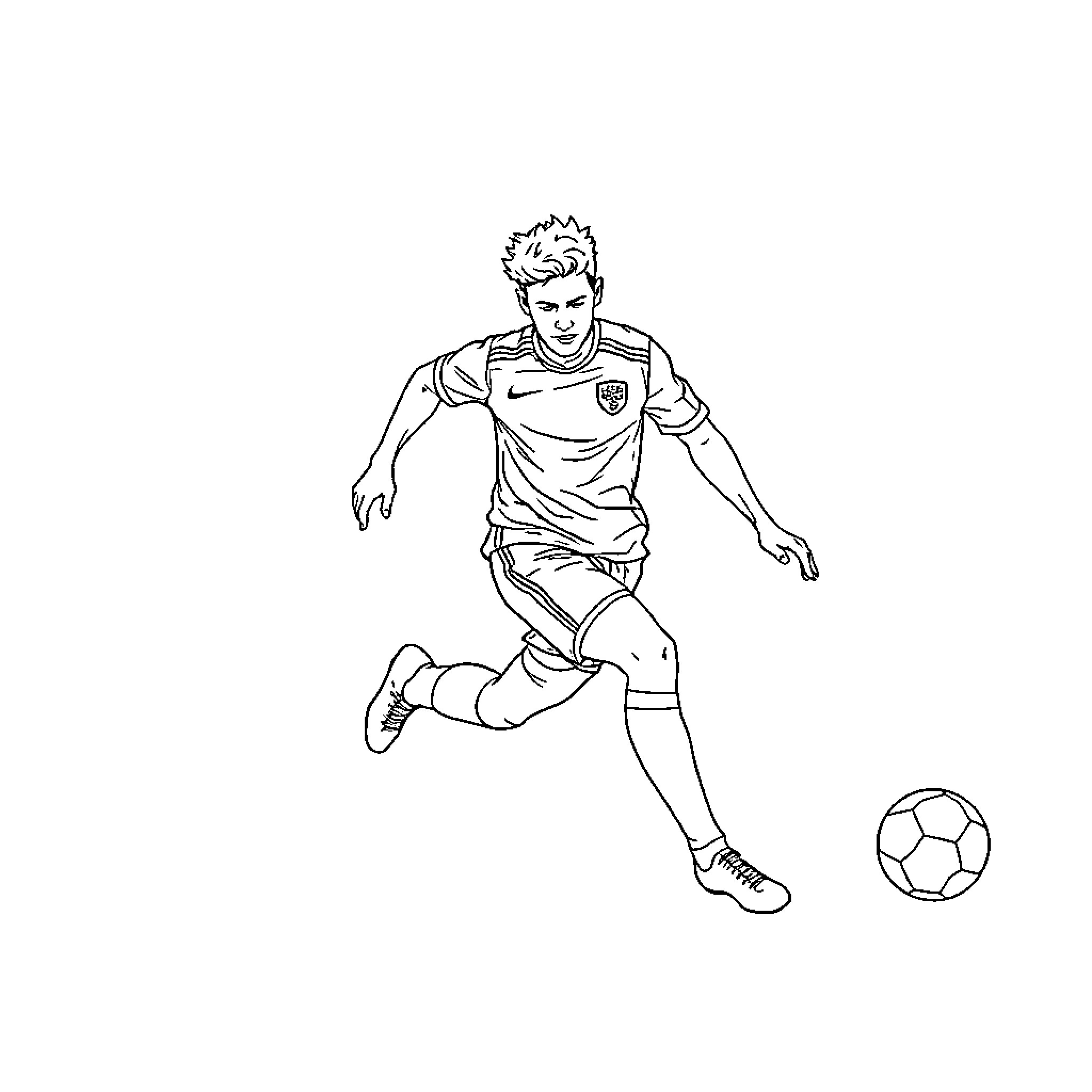 Footballer playing with soccer ball Coloring Page (free black-and-white line drawing printable PDF for all, from beginners to advanced learners, including children, teens, adults, and seniors)