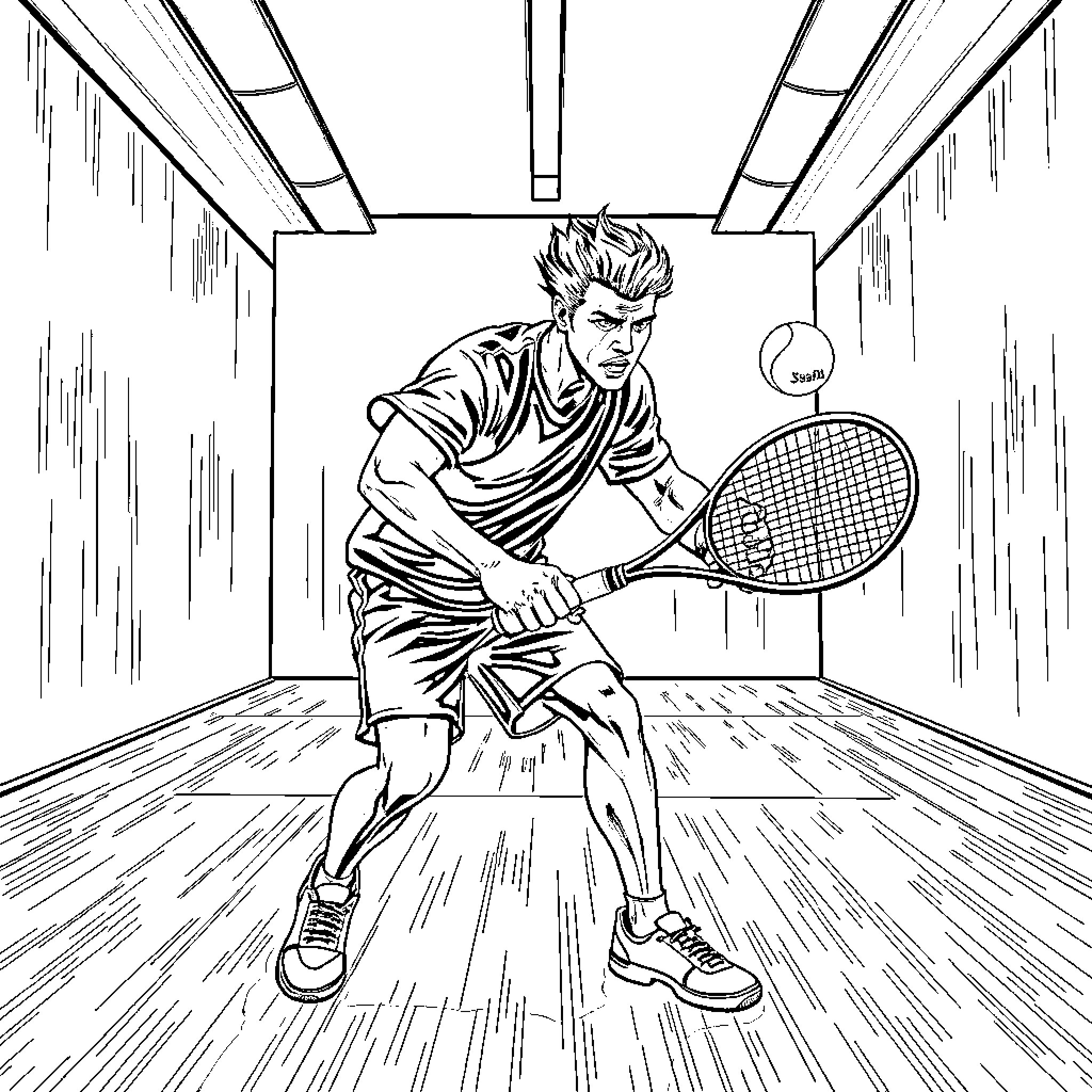 JunterX Tennis Player in Action Coloring Page (free black-and-white line drawing printable PDF for all, from beginners to advanced learners, including children, teens, adults, and seniors)