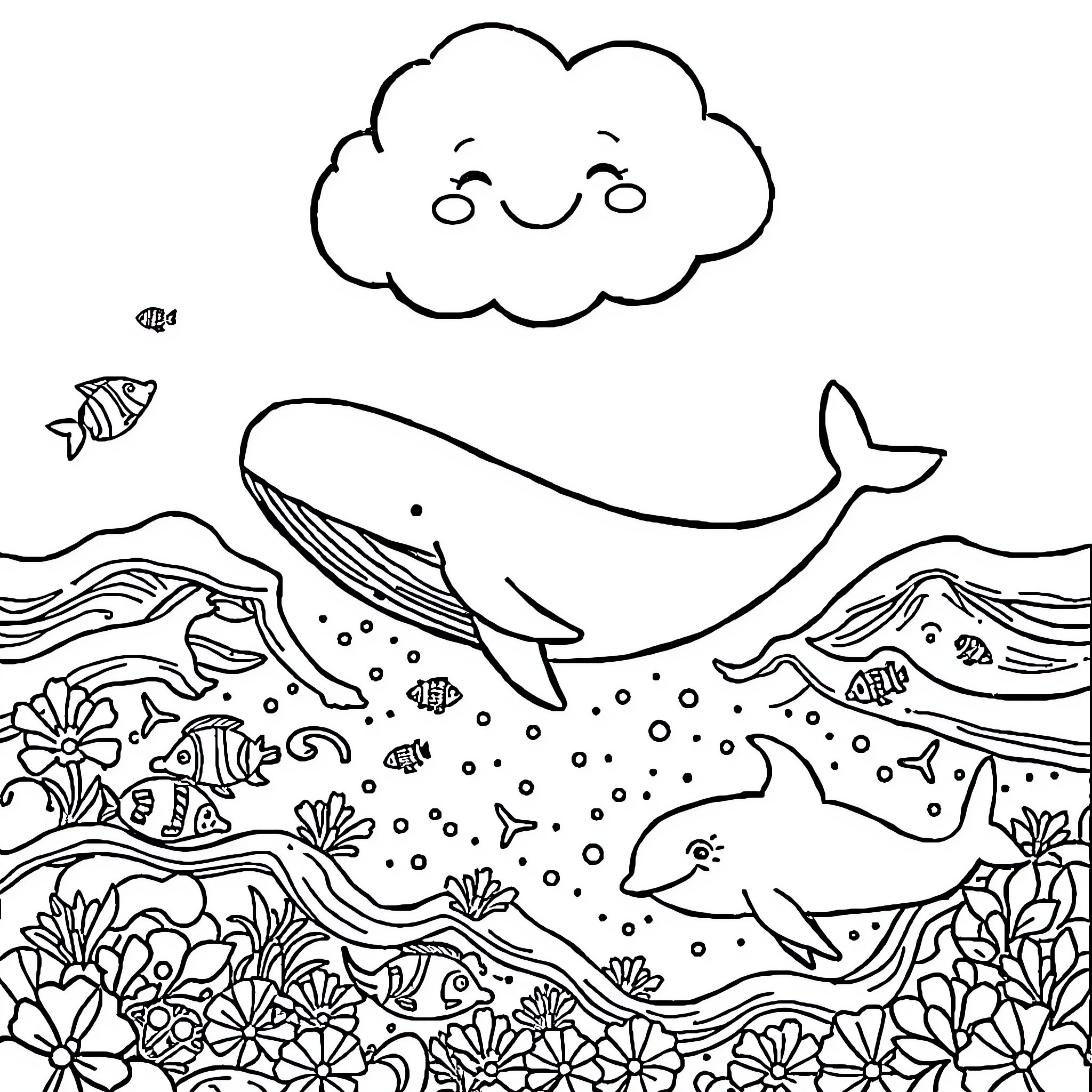 Cloud ocean with playful whales and marine life Coloring Page (free black-and-white line drawing printable PDF for all, from beginners to advanced learners, including children, teens, adults, and seniors)