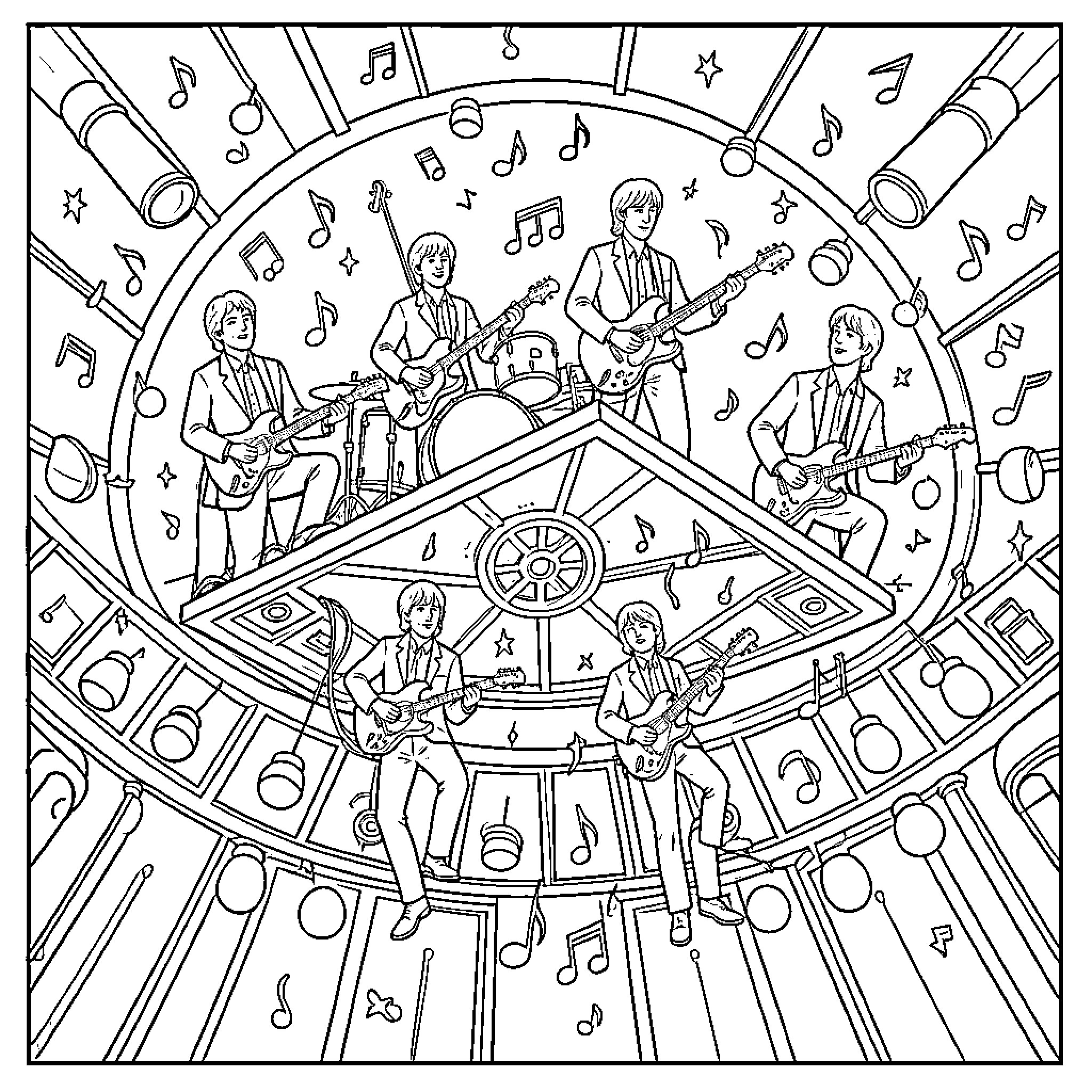 Beatles Performing on Stage with Musical Instruments Coloring Page (free black-and-white line drawing printable PDF for all, from beginners to advanced learners, including children, teens, adults, and seniors)