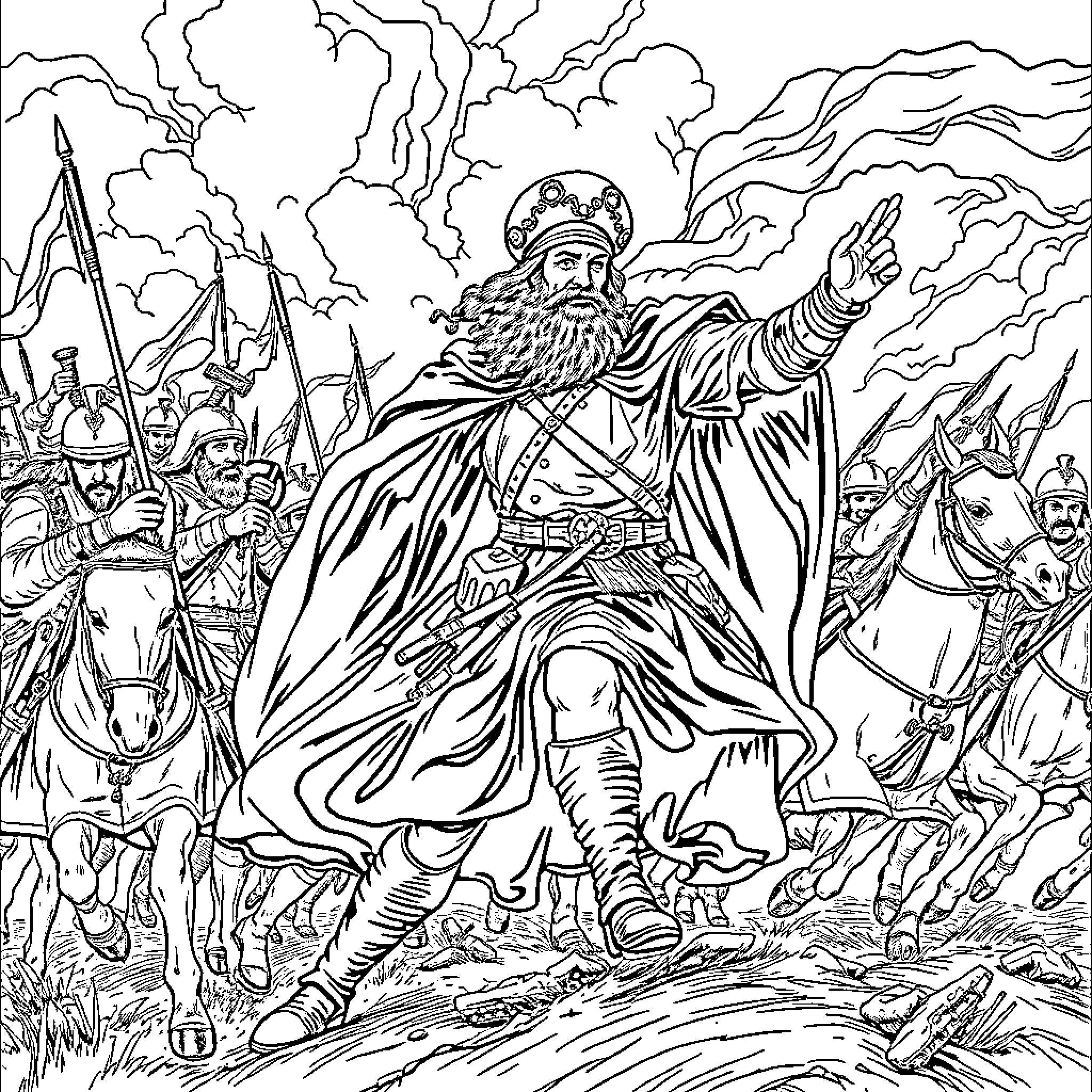 Karl XII leading his army into battle Coloring Page (free black-and-white line drawing printable PDF for all, from beginners to advanced learners, including children, teens, adults, and seniors)