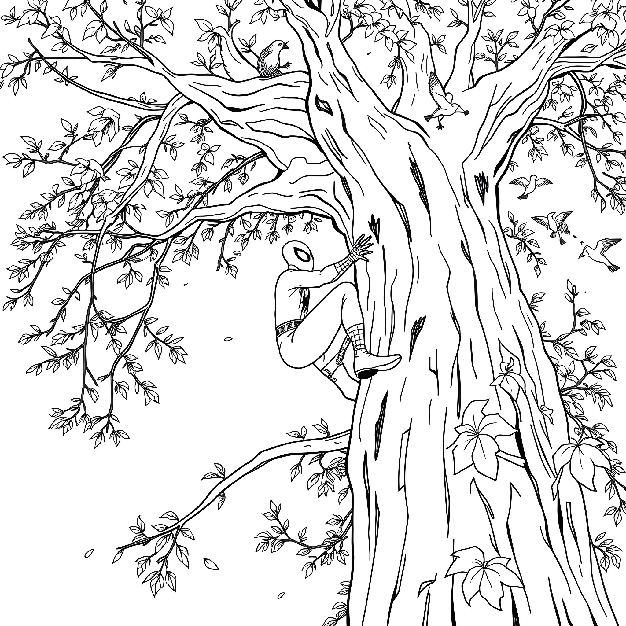 Spider-Man swinging through a magical forest Coloring Page (free black-and-white line drawing printable PDF for all, from beginners to advanced learners, including children, teens, adults, and seniors)