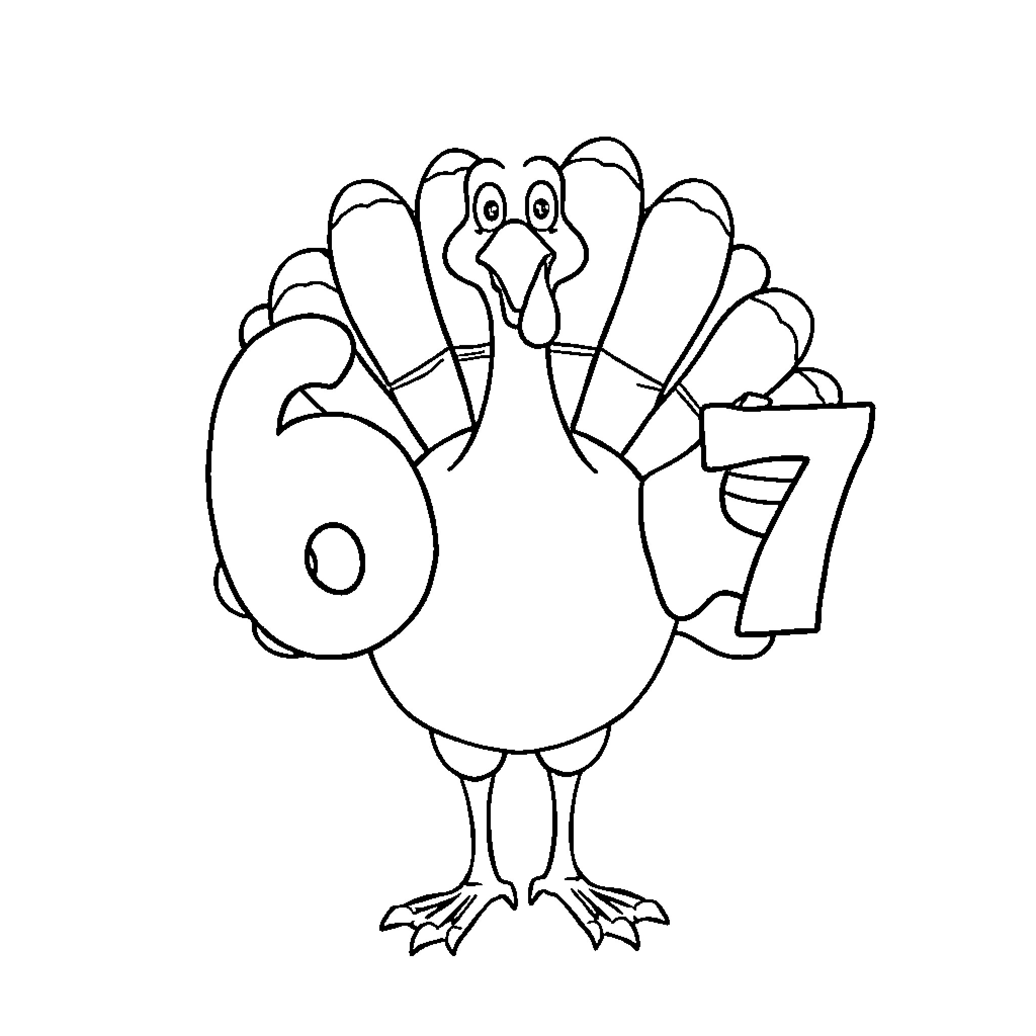 Turkey with Amusing Number Display Coloring Page (free black-and-white line drawing printable PDF for all, from beginners to advanced learners, including children, teens, adults, and seniors)