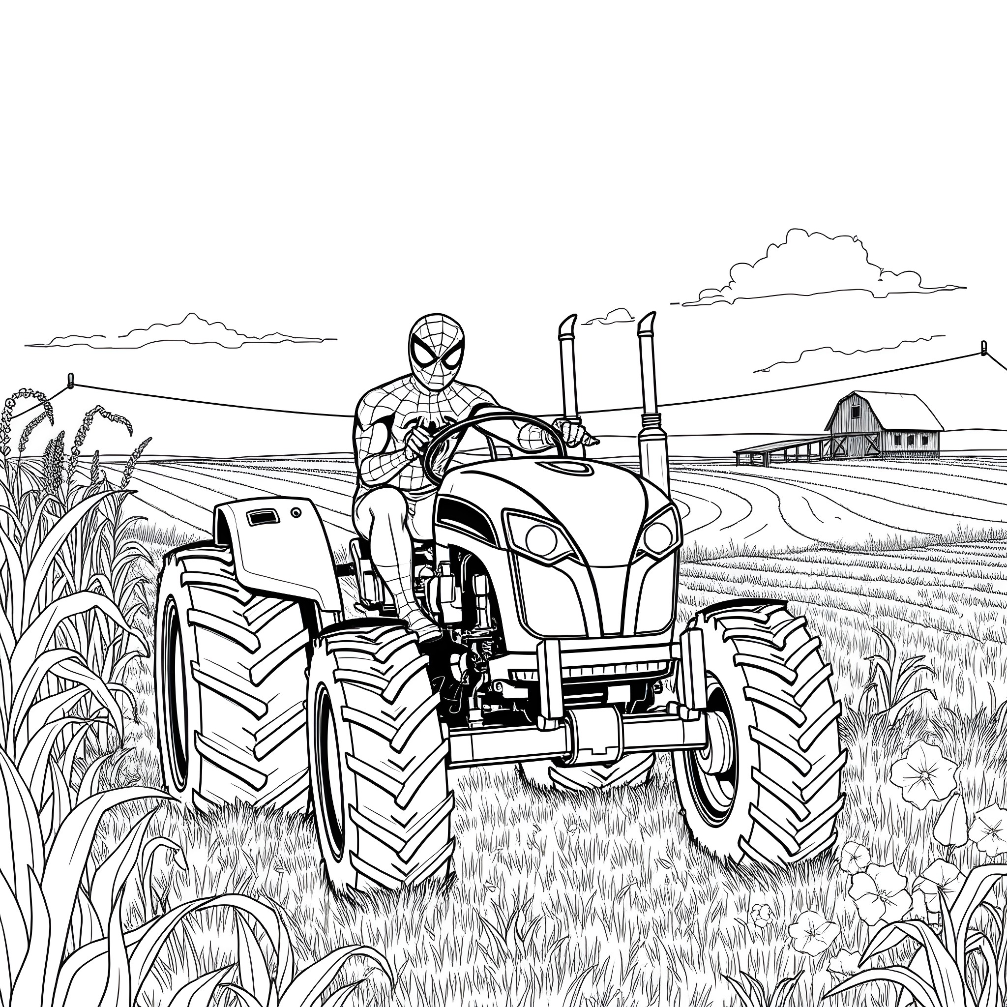 Spider-Man riding a tractor on a farm Coloring Page (free black-and-white line drawing printable PDF for all, from beginners to advanced learners, including children, teens, adults, and seniors)