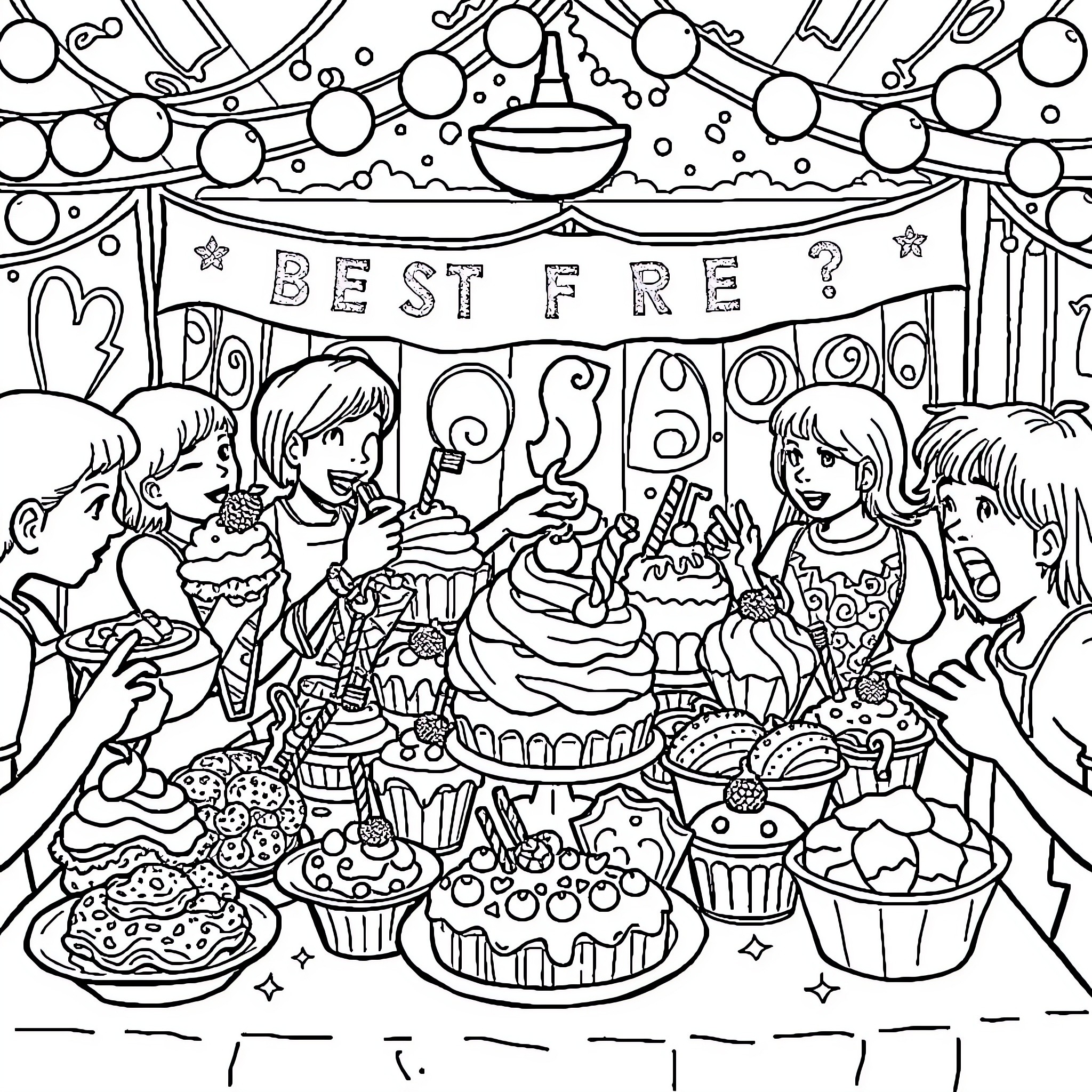 Dessert Party with Kids Celebrating Coloring Page (free black-and-white line drawing printable PDF for all, from beginners to advanced learners, including children, teens, adults, and seniors)