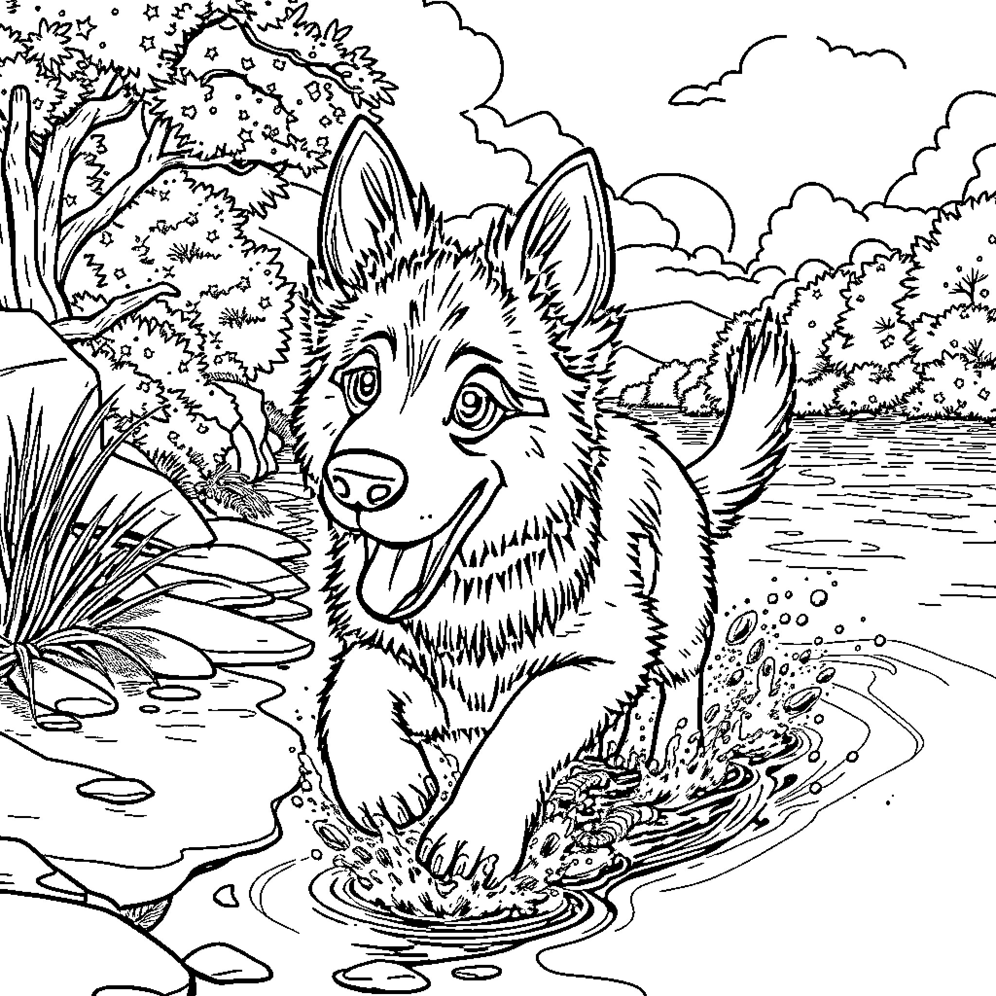 German Shepherd exploring the wilderness near a pond Coloring Page (free black-and-white line drawing printable PDF for all, from beginners to advanced learners, including children, teens, adults, and seniors)