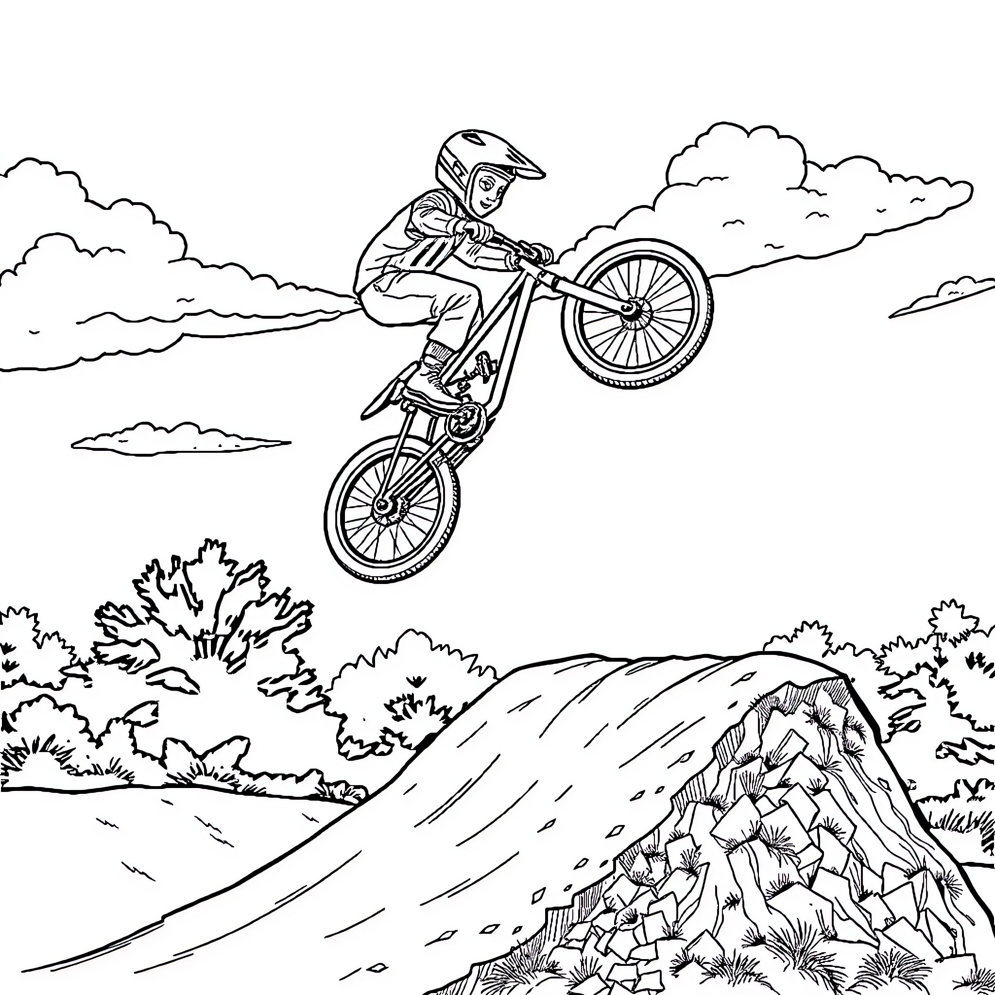 Kid performing daring motocross stunt on dirt track Coloring Page (free black-and-white line drawing printable PDF for all, from beginners to advanced learners, including children, teens, adults, and seniors)