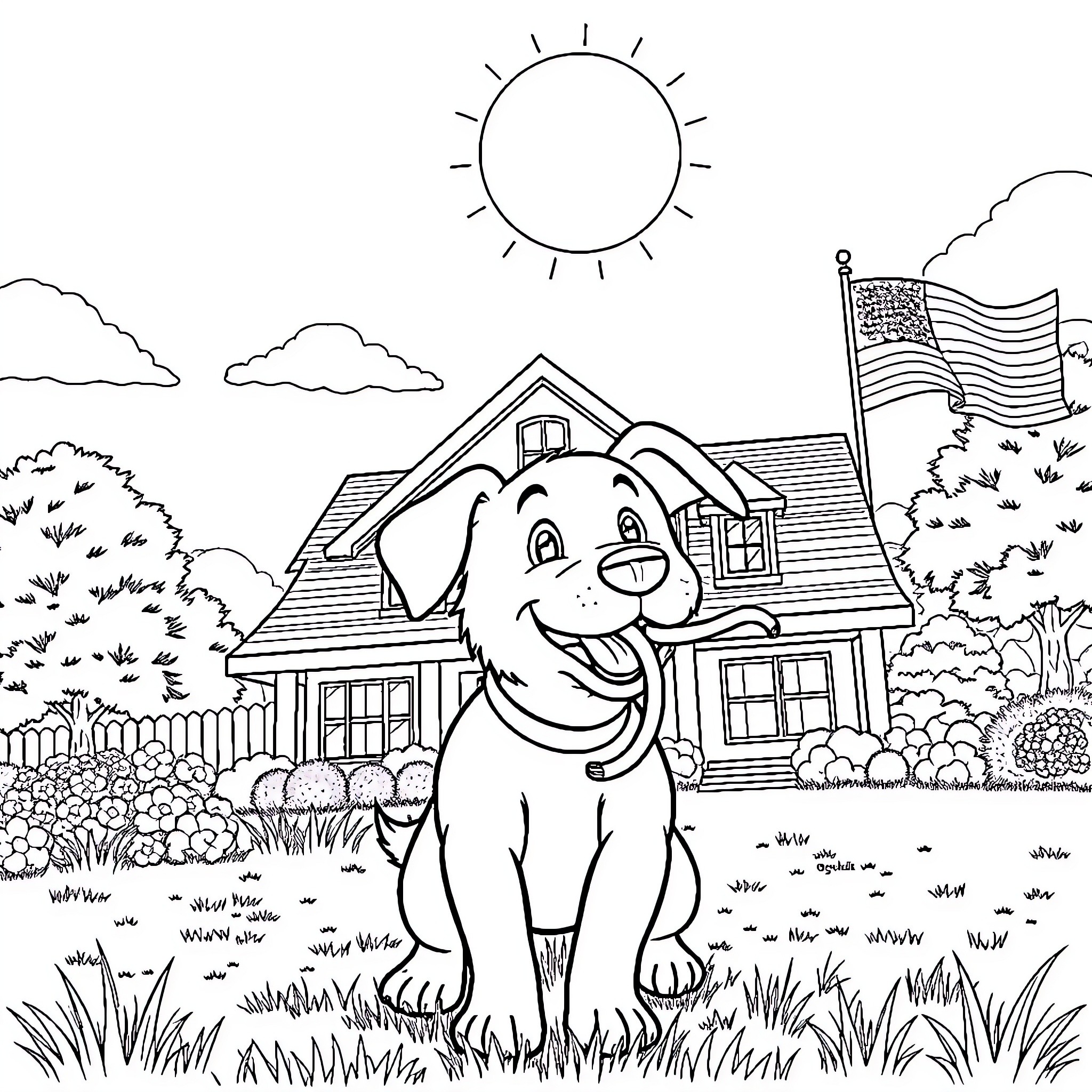 Dog enjoying the outdoors near a home Coloring Page (free black-and-white line drawing printable PDF for all, from beginners to advanced learners, including children, teens, adults, and seniors)