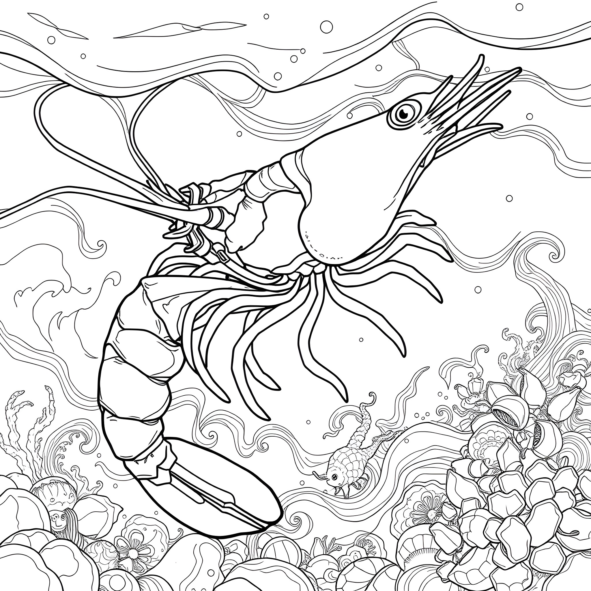 Shrimp swimming amidst colorful marine life Coloring Page (free black-and-white line drawing printable PDF for all, from beginners to advanced learners, including children, teens, adults, and seniors)