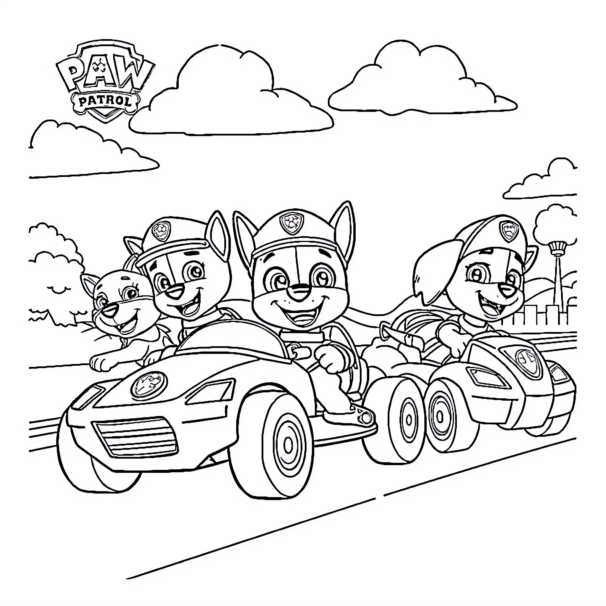 Paw Patrol Puppies on an Adventure Coloring Page (free black-and-white line drawing printable PDF for all, from beginners to advanced learners, including children, teens, adults, and seniors)