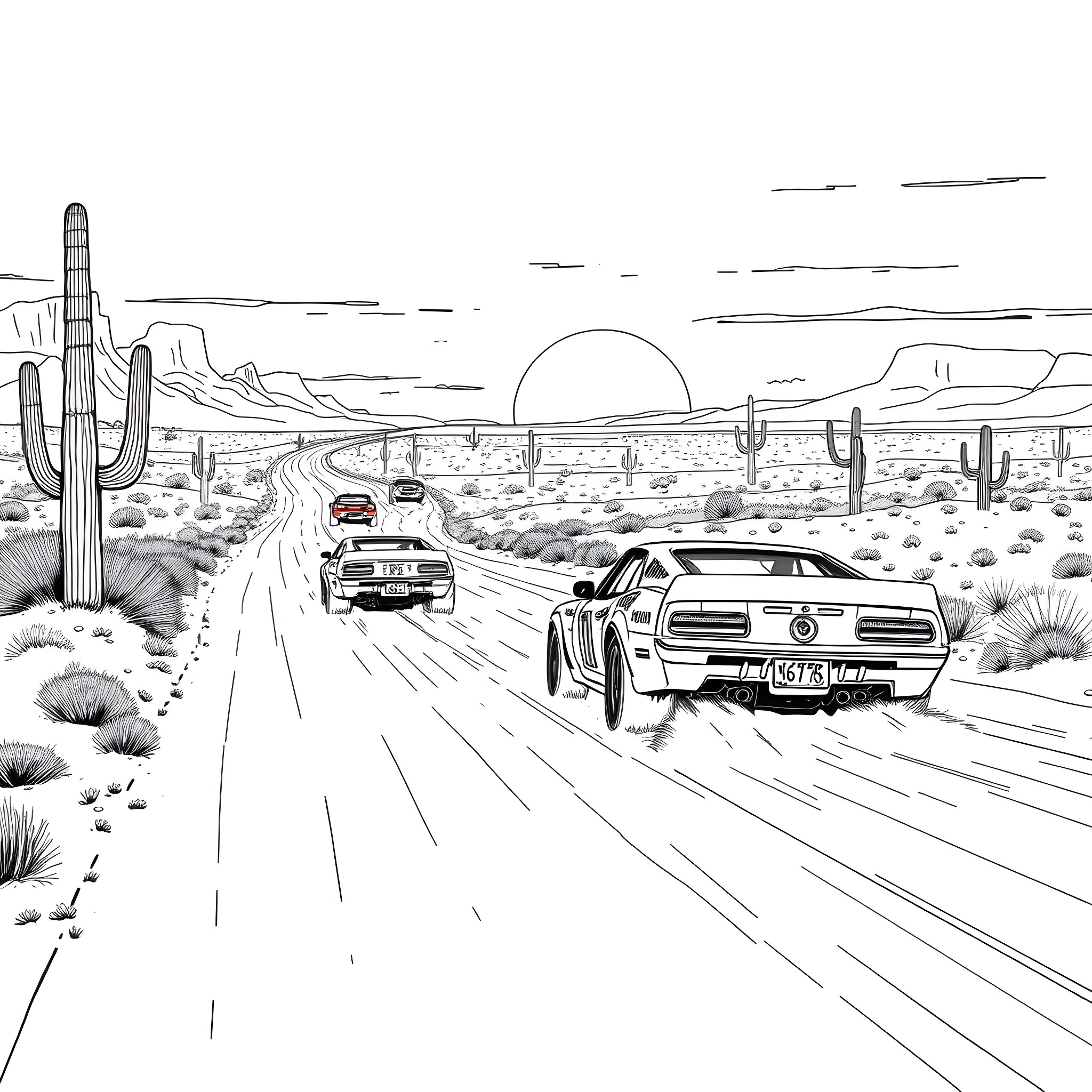 Hot Wheels cars racing on the desert highway Coloring Page (free black-and-white line drawing printable PDF for all, from beginners to advanced learners, including children, teens, adults, and seniors)
