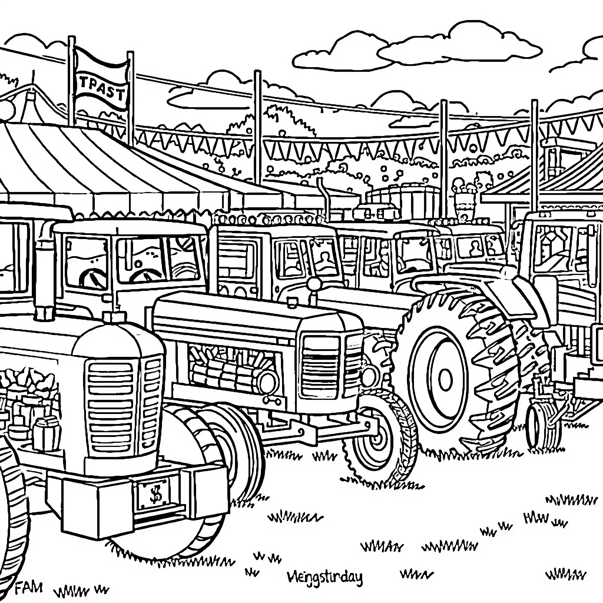 Tractor on display at a country fair Coloring Page (free black-and-white line drawing printable PDF for all, from beginners to advanced learners, including children, teens, adults, and seniors)