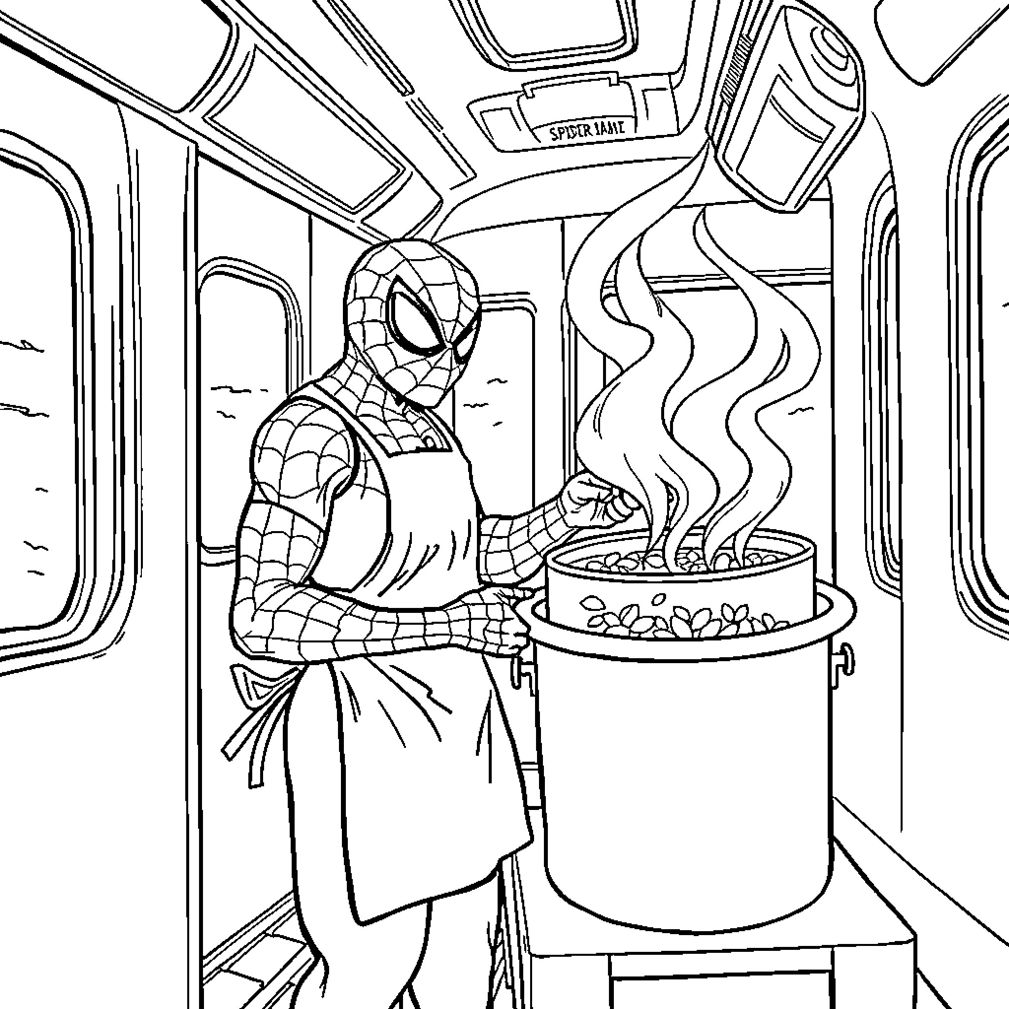 Spiderman making a warm meal on the bus Coloring Page (free black-and-white line drawing printable PDF for all, from beginners to advanced learners, including children, teens, adults, and seniors)
