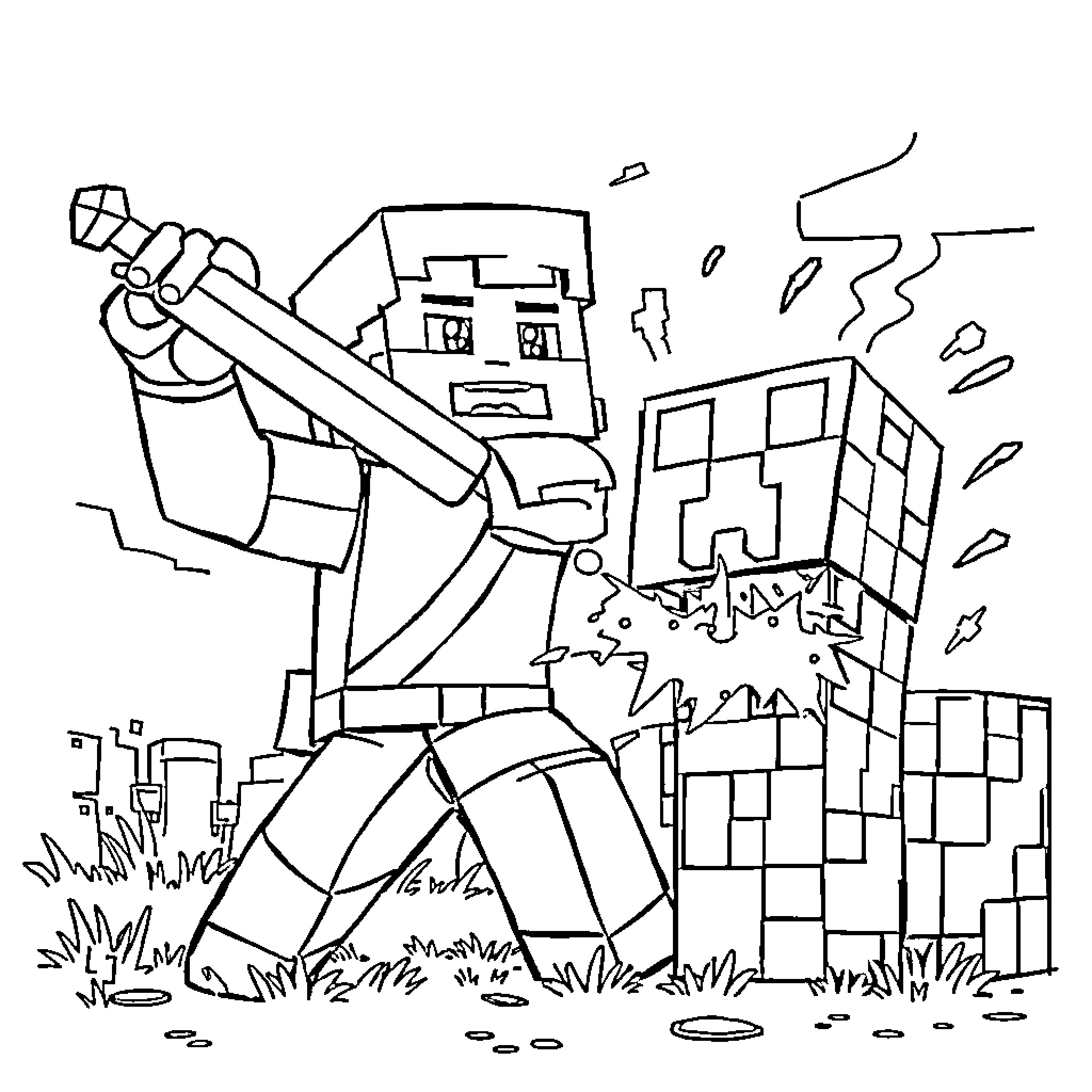 Steve battles a monstrous robot in the city Coloring Page (free black-and-white line drawing printable PDF for all, from beginners to advanced learners, including children, teens, adults, and seniors)
