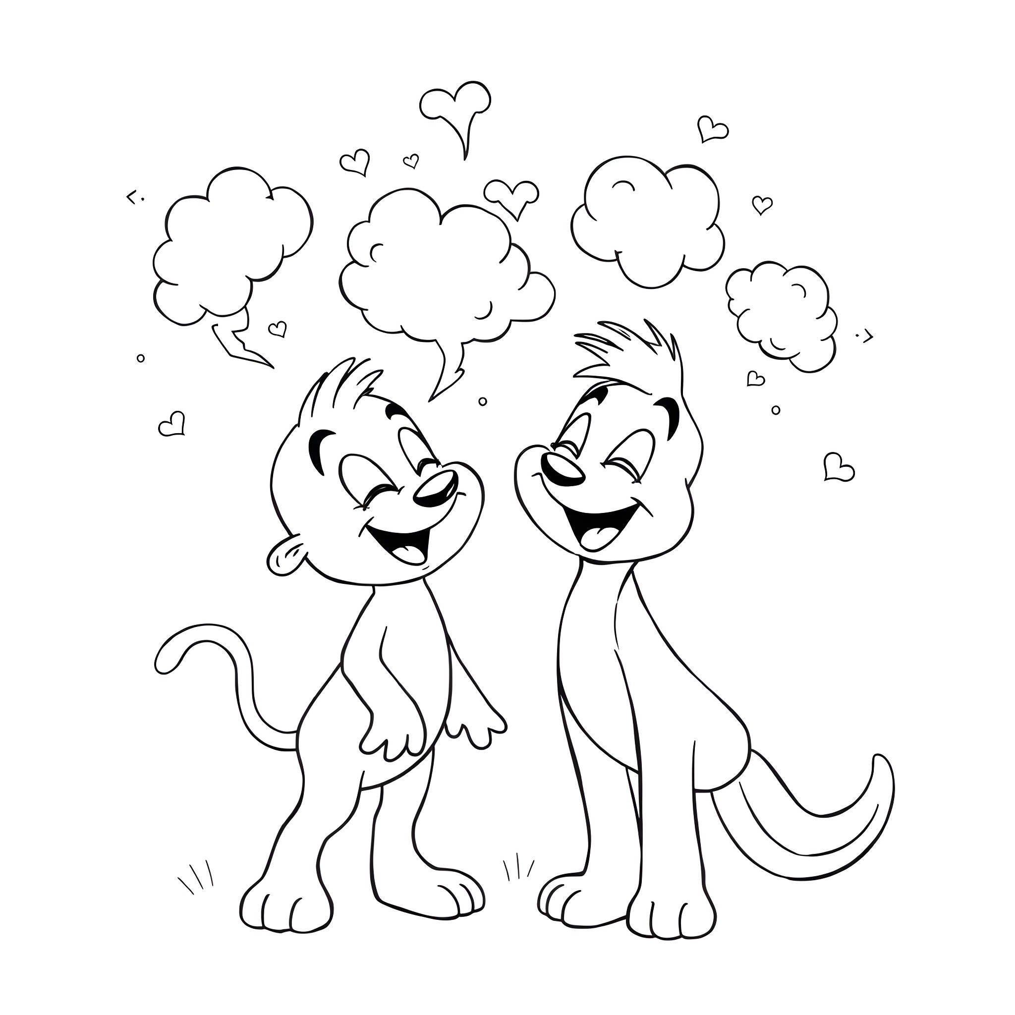 Bluey and friend playing happily together Coloring Page (free black-and-white line drawing printable PDF for all, from beginners to advanced learners, including children, teens, adults, and seniors)