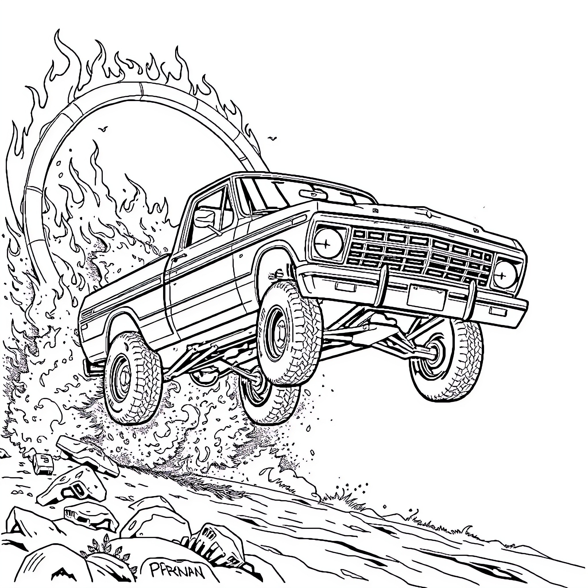 Truck jumping over obstacles in a rugged terrain Coloring Page (free black-and-white line drawing printable PDF for all, from beginners to advanced learners, including children, teens, adults, and seniors)