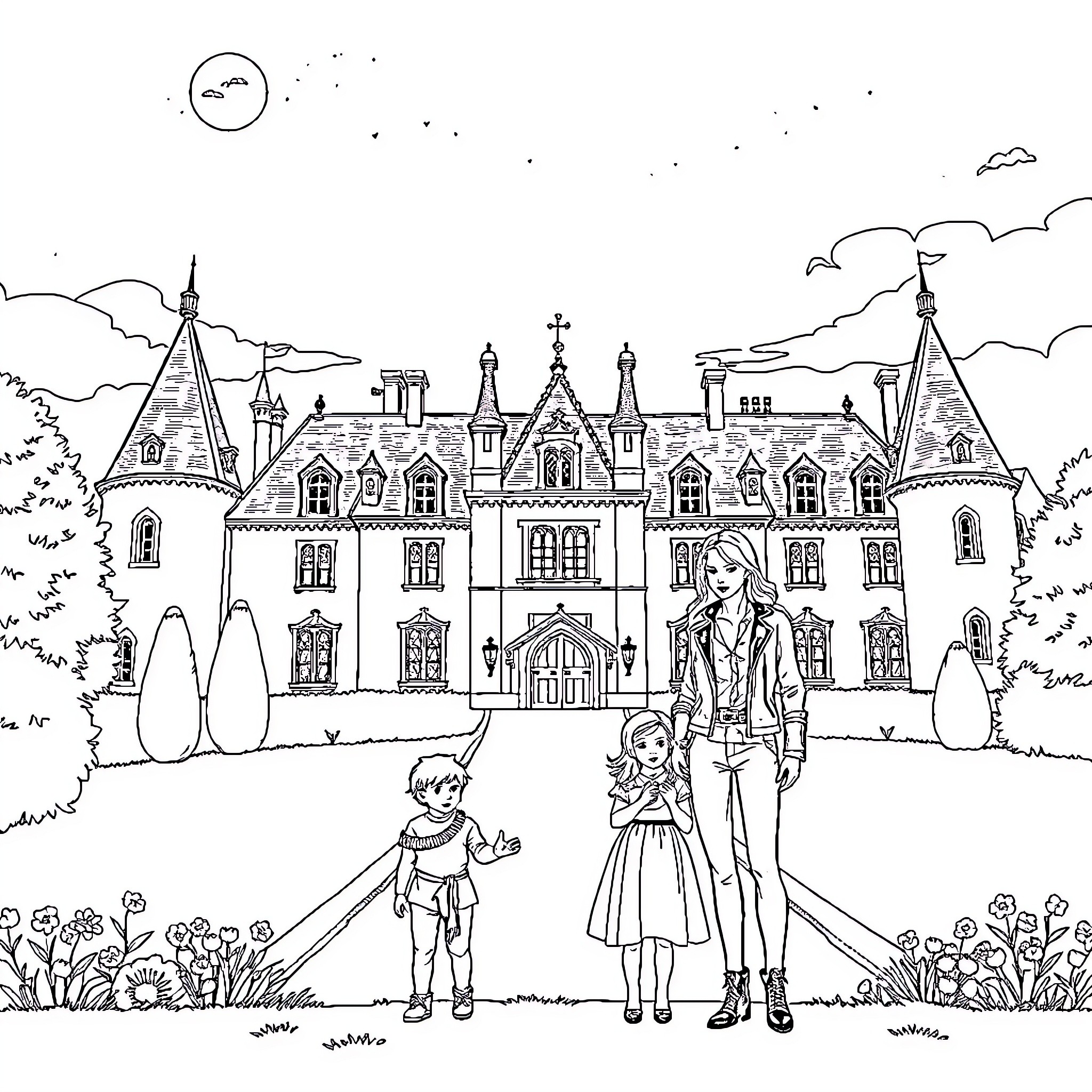 Damon's Journey Through a Magical Castle with Family Coloring Page (free black-and-white line drawing printable PDF for all, from beginners to advanced learners, including children, teens, adults, and seniors)