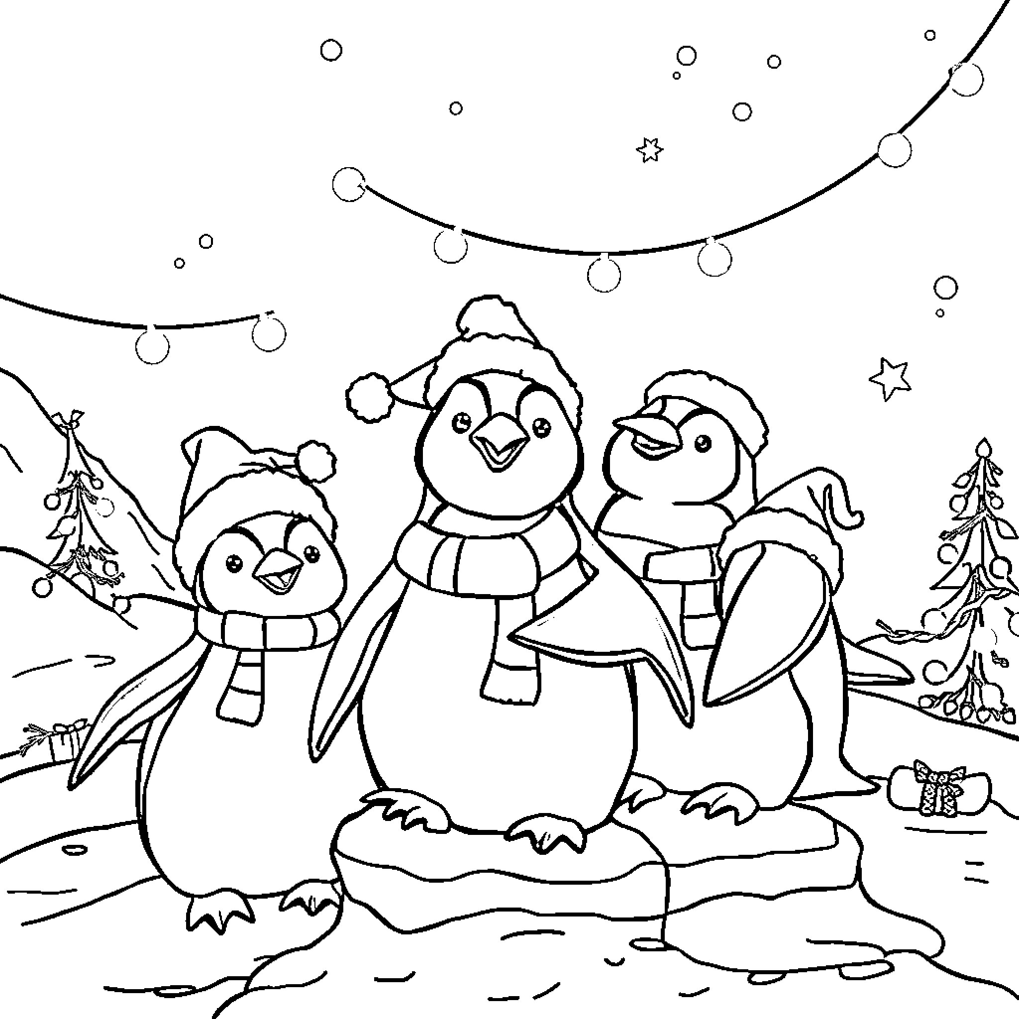 Penguins playing joyfully in the winter wonderland Coloring Page (free black-and-white line drawing printable PDF for all, from beginners to advanced learners, including children, teens, adults, and seniors)