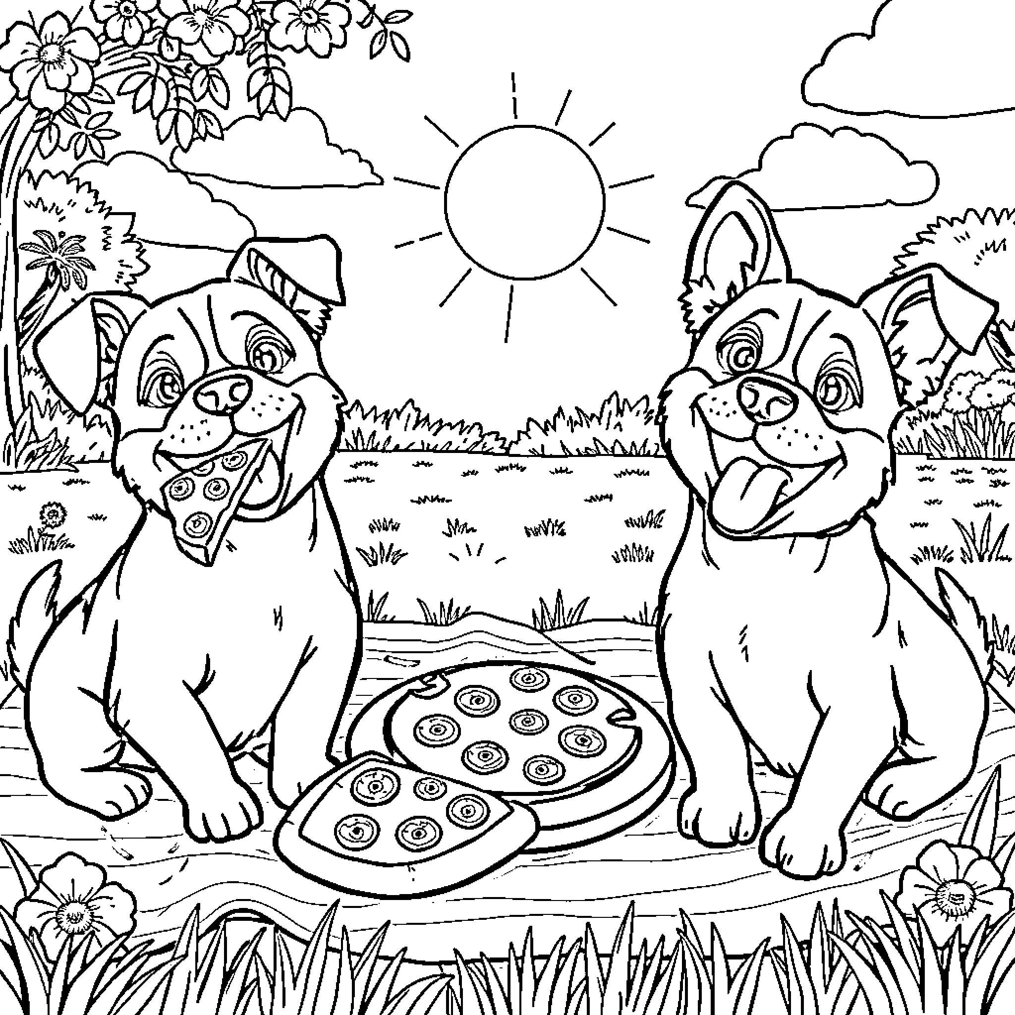 Dog Duo Enjoying Treats in Sunny Field Coloring Page (free black-and-white line drawing printable PDF for all, from beginners to advanced learners, including children, teens, adults, and seniors)