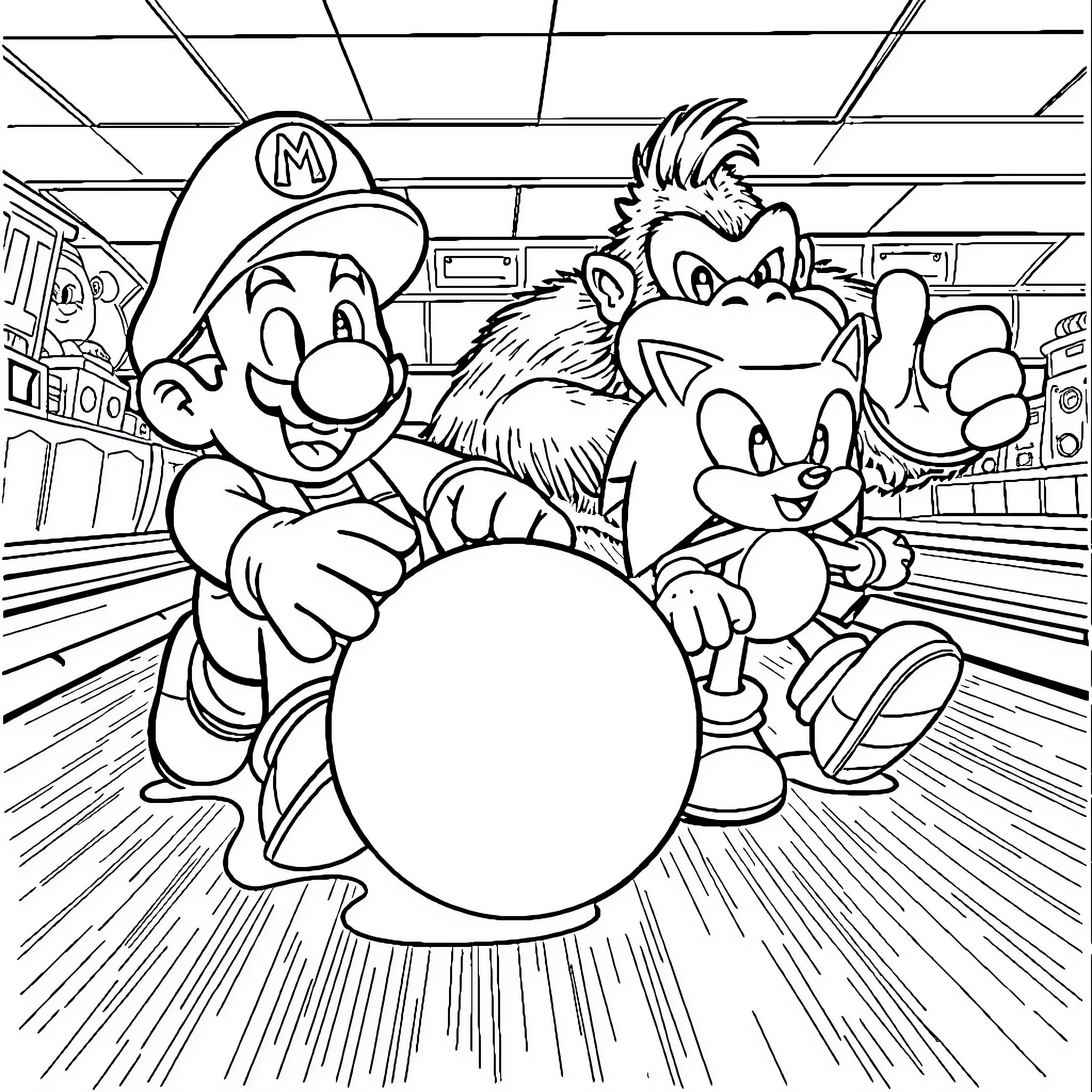 Mario's Bowling Adventure with Donkey Kong Coloring Page (free black-and-white line drawing printable PDF for all, from beginners to advanced learners, including children, teens, adults, and seniors)