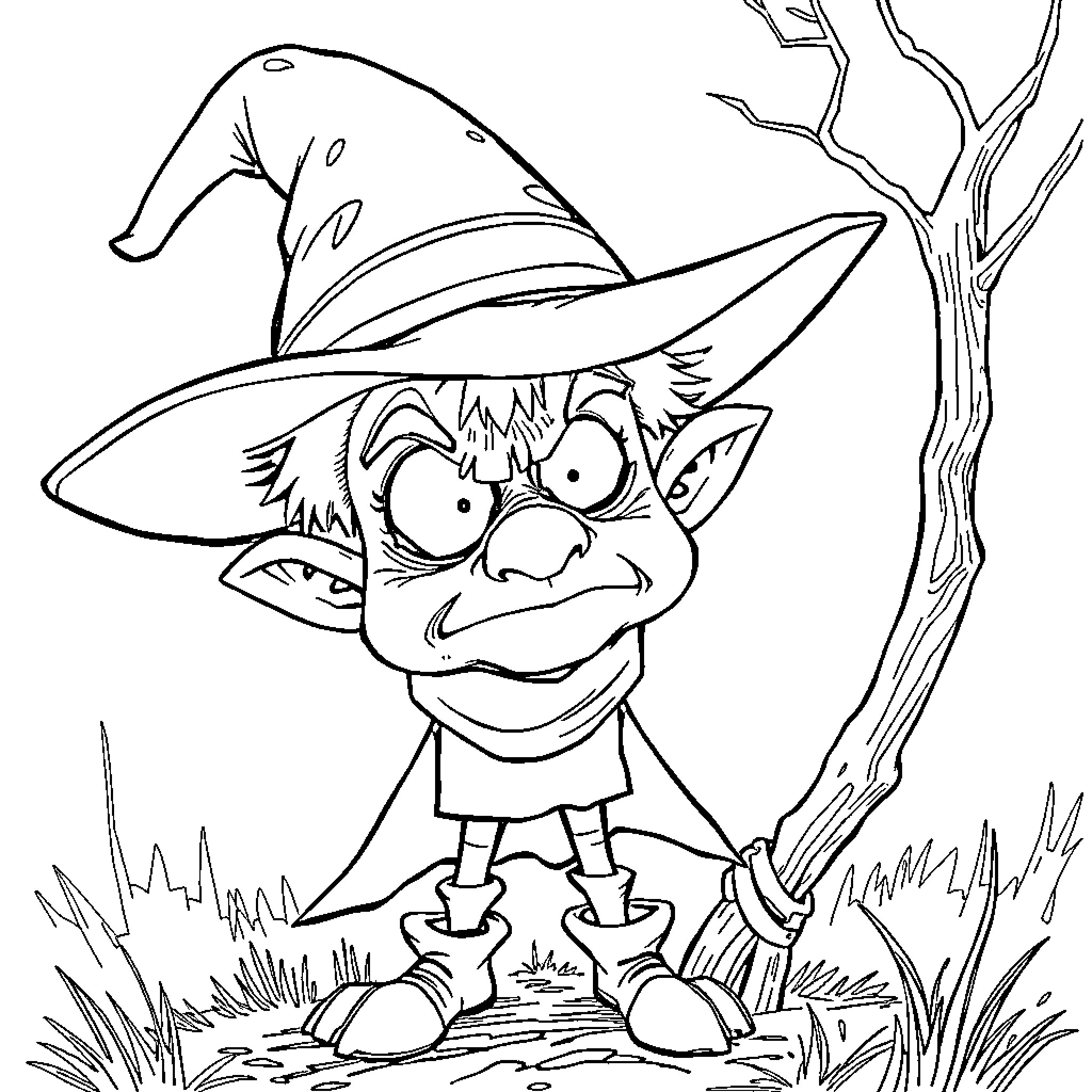 Freddue the Silly Gnome in the Forest Coloring Page (free black-and-white line drawing printable PDF for all, from beginners to advanced learners, including children, teens, adults, and seniors)