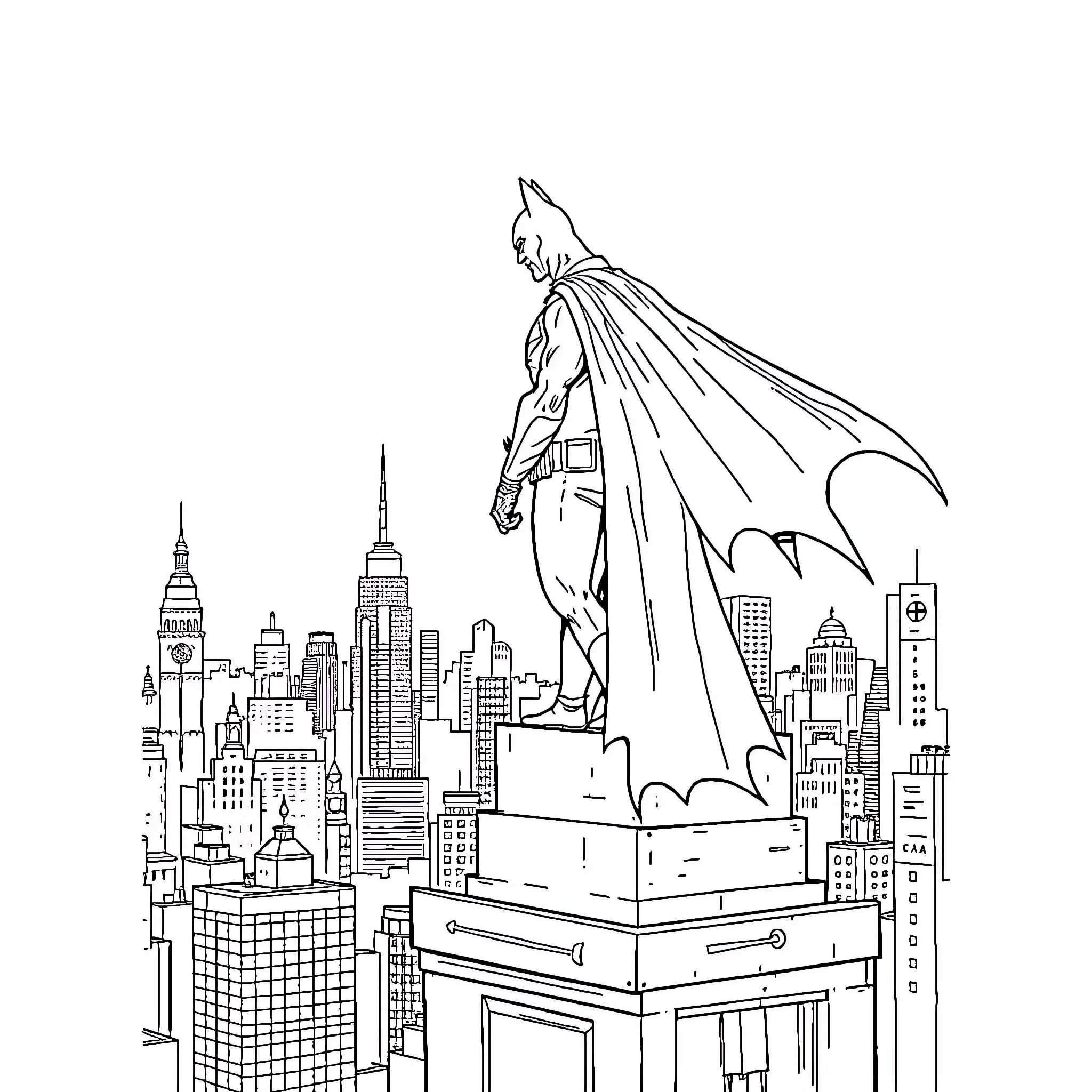 Batman overlooking the city skyline Coloring Page (free black-and-white line drawing printable PDF for all, from beginners to advanced learners, including children, teens, adults, and seniors)