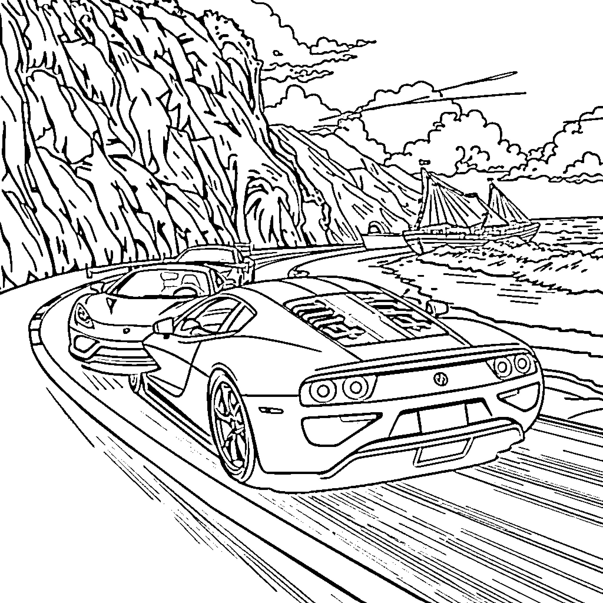 Sport Car speeding on scenic coastal road Coloring Page (free black-and-white line drawing printable PDF for all, from beginners to advanced learners, including children, teens, adults, and seniors)