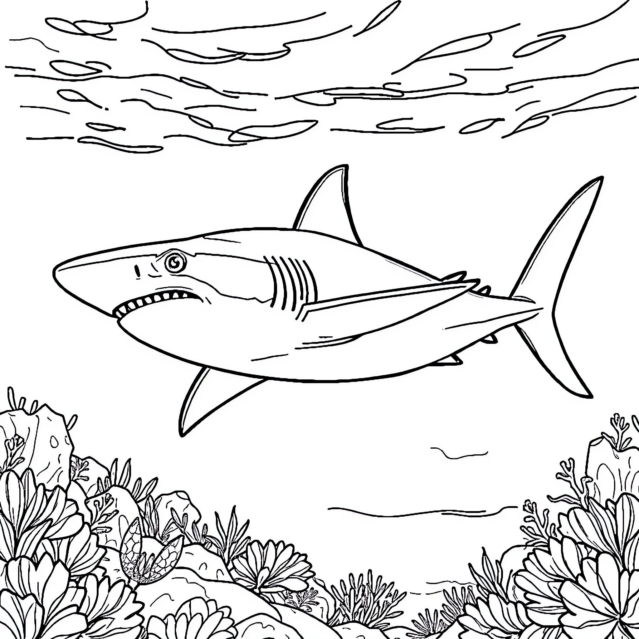 Shark swimming in the ocean Coloring Page (free black-and-white line drawing printable PDF for all, from beginners to advanced learners, including children, teens, adults, and seniors)