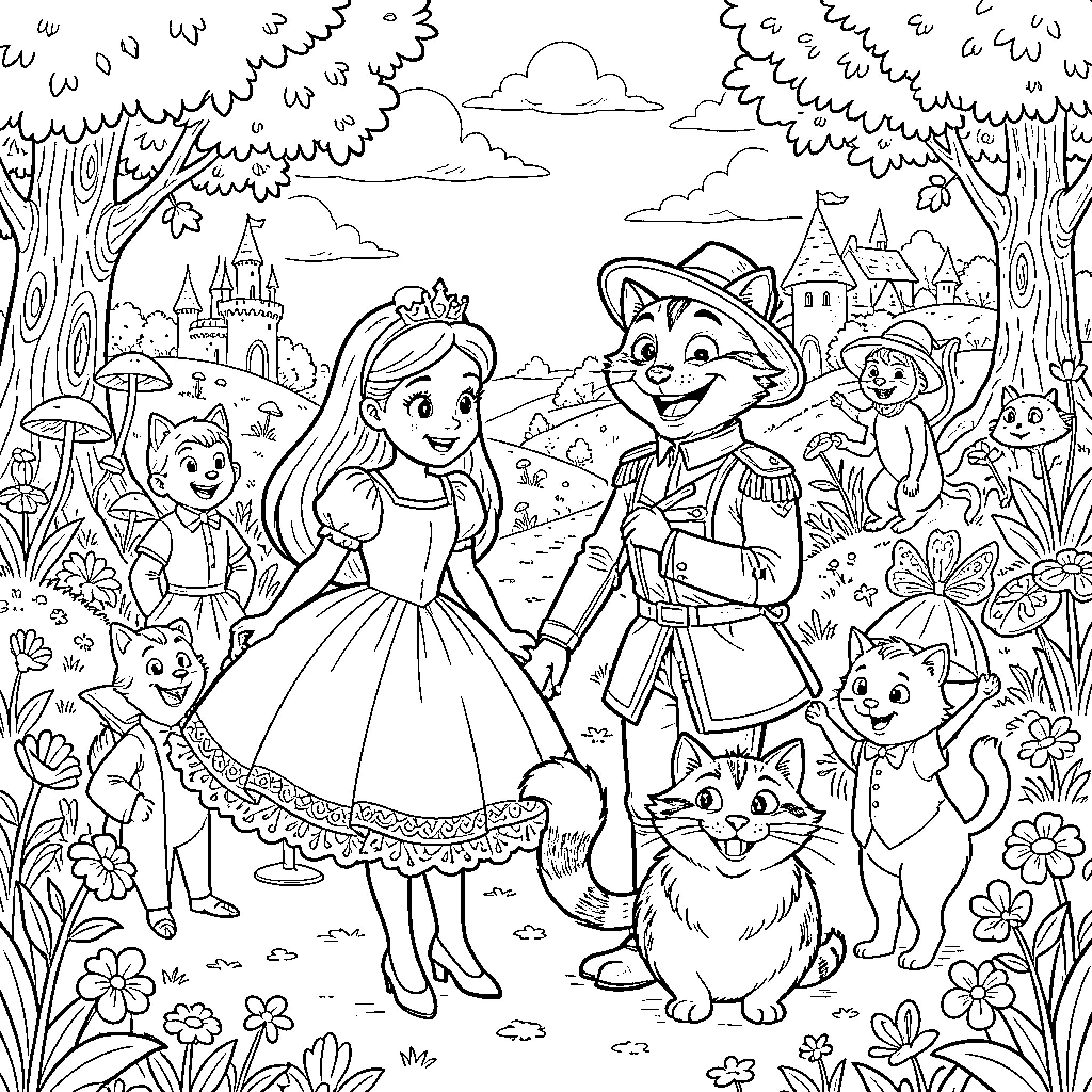 Queen of Hearts Celebrating with Fairy Tale Characters Coloring Page (free black-and-white line drawing printable PDF for all, from beginners to advanced learners, including children, teens, adults, and seniors)
