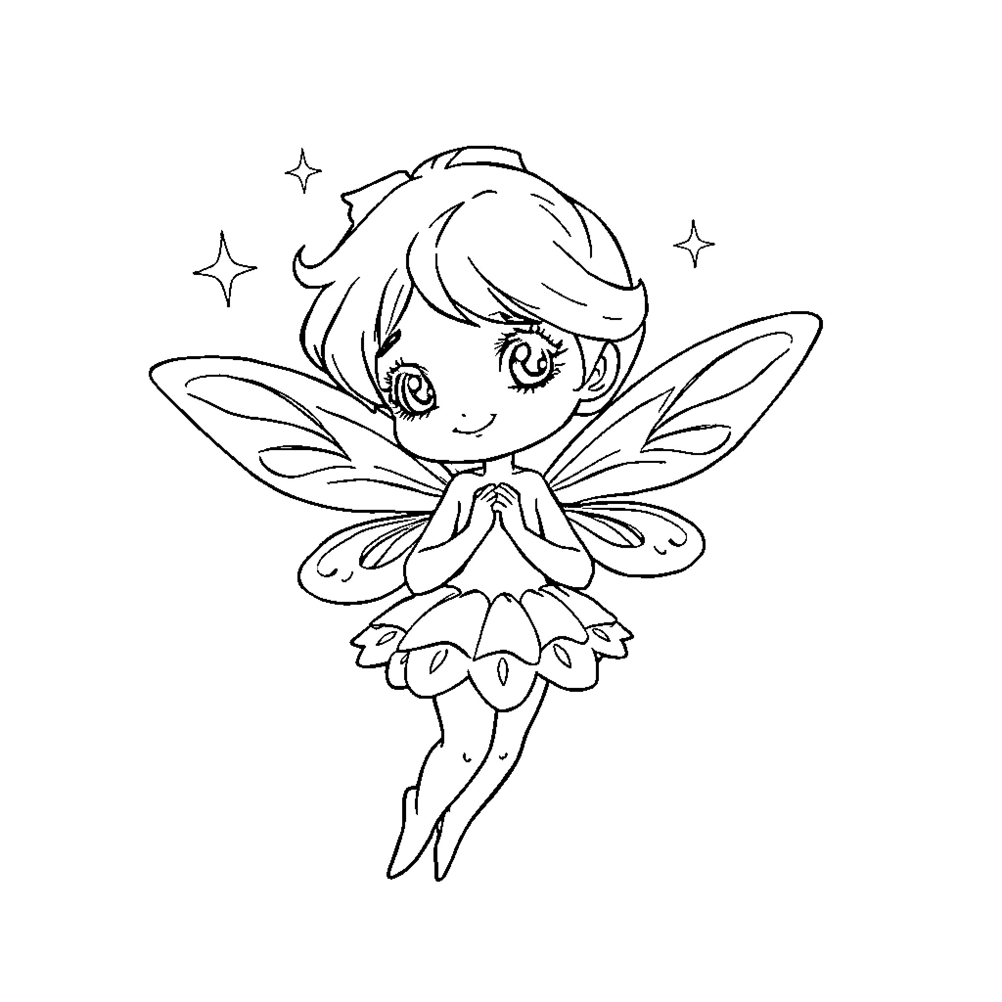 Fairy in a Whimsical Pose with Wings Coloring Page (free black-and-white line drawing printable PDF for all, from beginners to advanced learners, including children, teens, adults, and seniors)