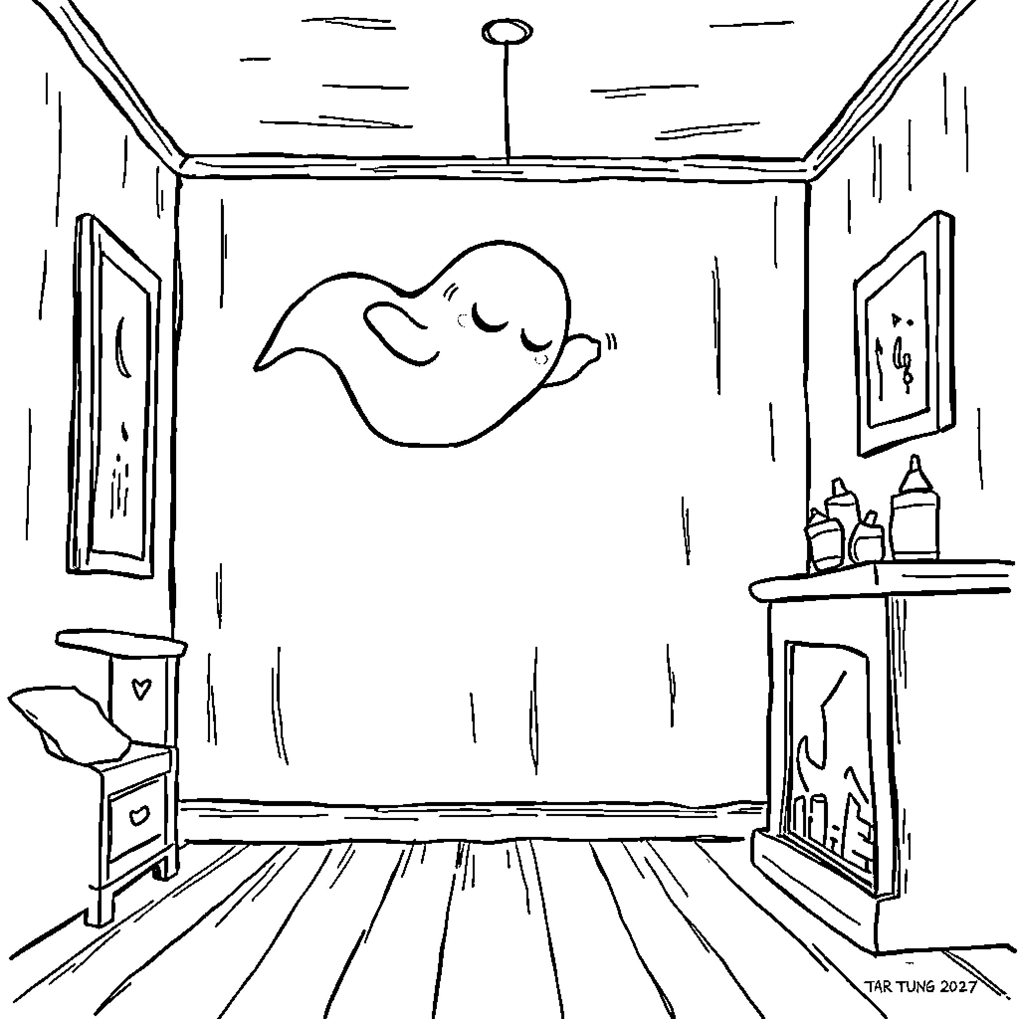 Ghost in a Peaceful Room Coloring Page (free black-and-white line drawing printable PDF for all, from beginners to advanced learners, including children, teens, adults, and seniors)