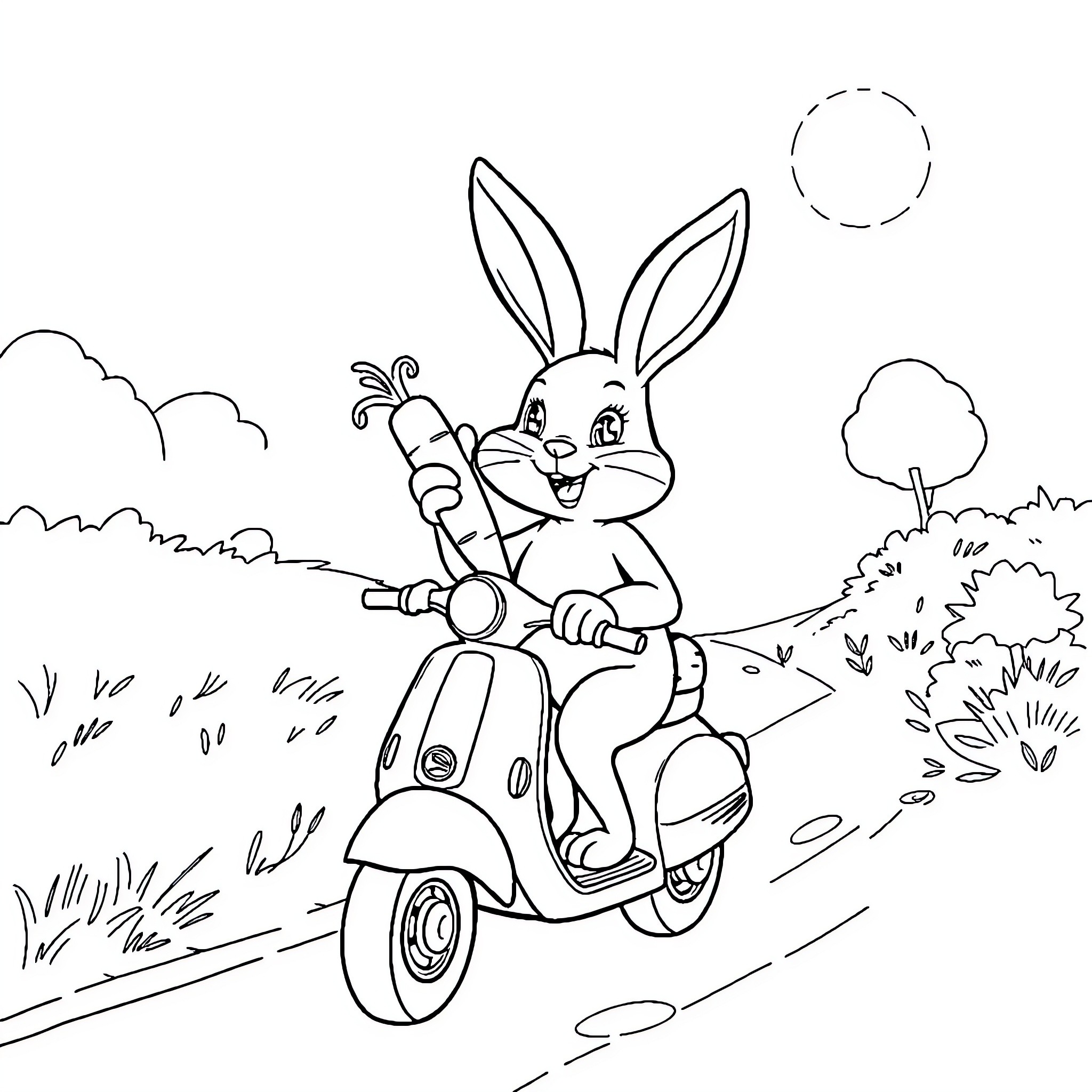 Rabbit riding a scooter through nature Coloring Page (free black-and-white line drawing printable PDF for all, from beginners to advanced learners, including children, teens, adults, and seniors)