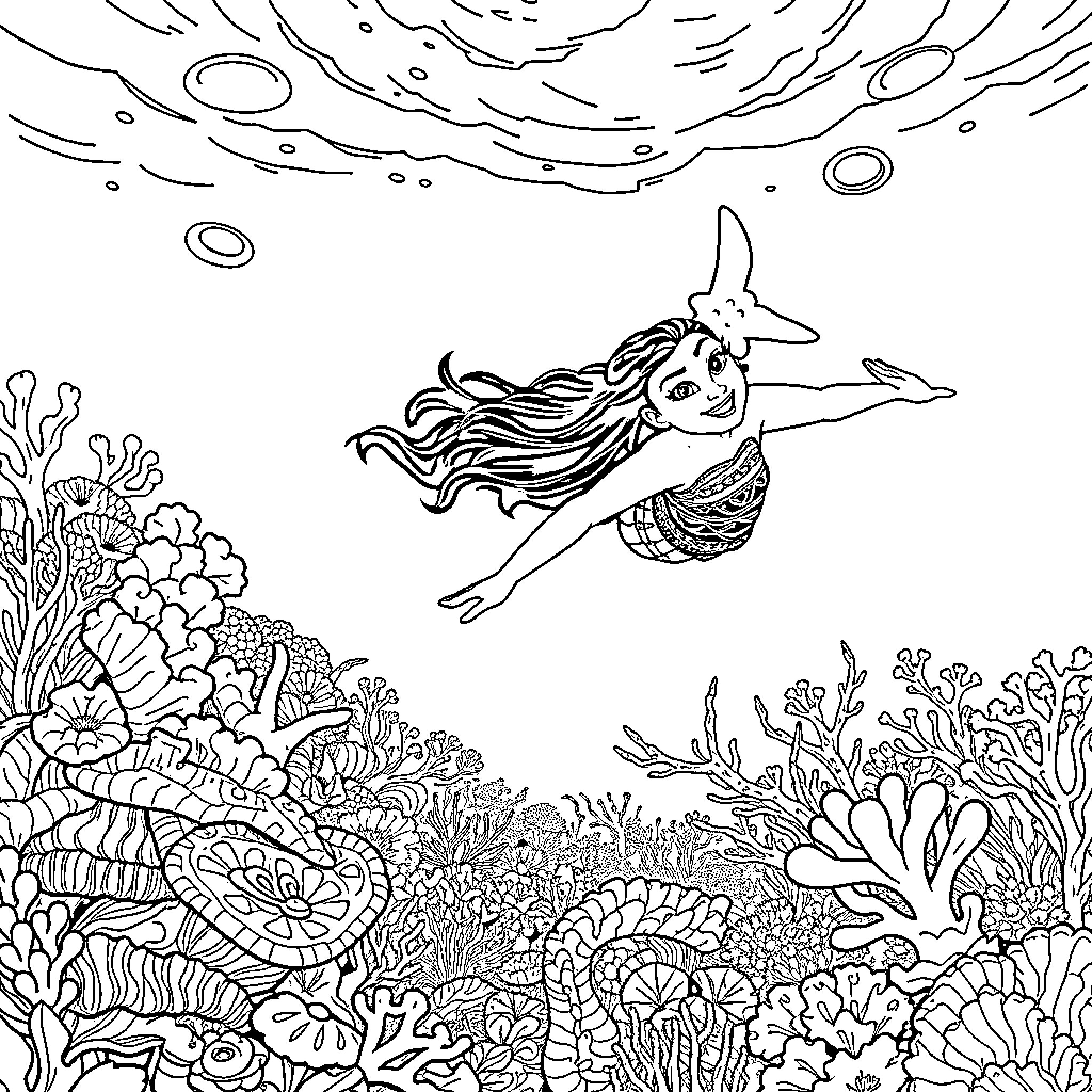 Moana exploring the colorful underwater world Coloring Page (free black-and-white line drawing printable PDF for all, from beginners to advanced learners, including children, teens, adults, and seniors)