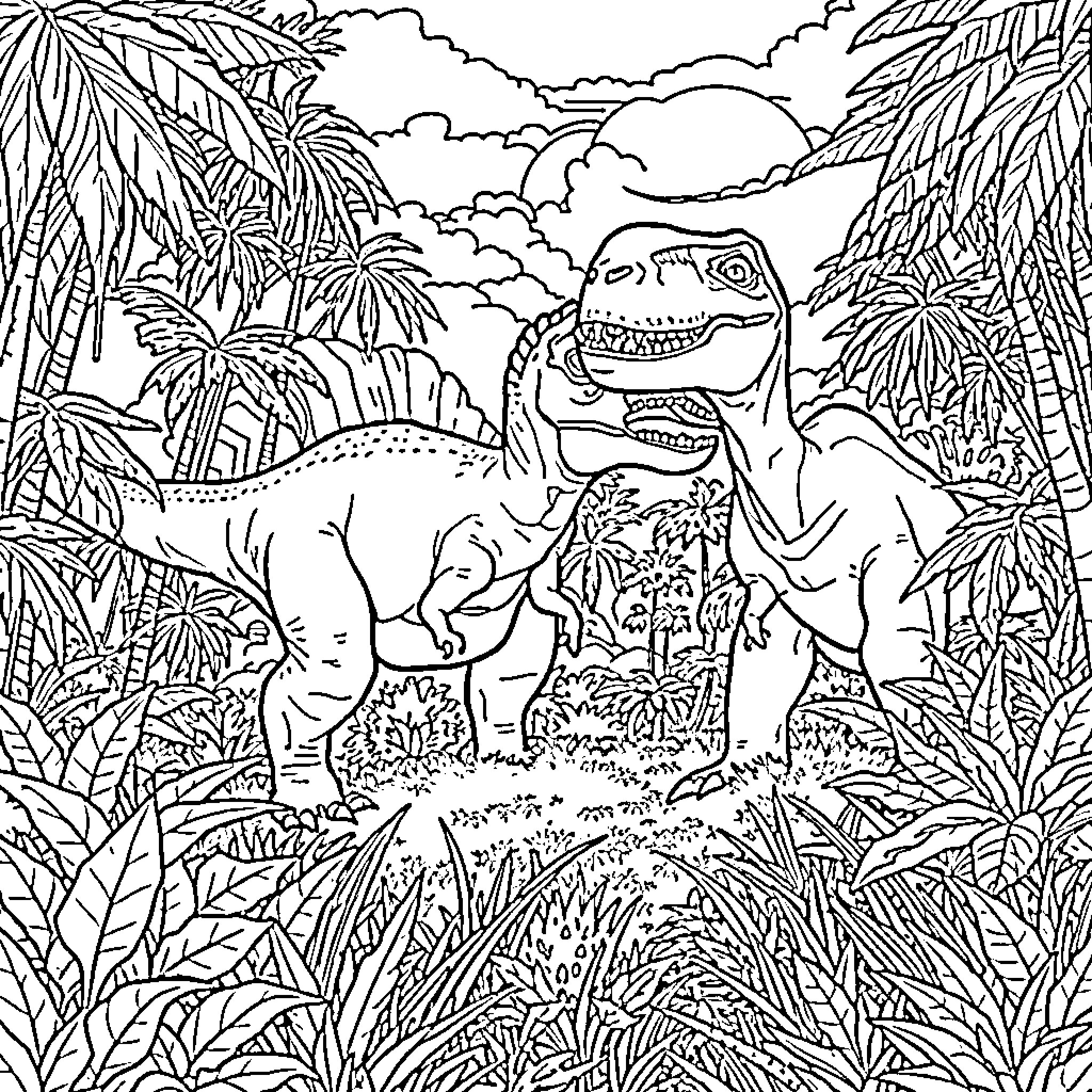 Dinosaurs Roaming in Lush Prehistoric Landscape Coloring Page (free black-and-white line drawing printable PDF for all, from beginners to advanced learners, including children, teens, adults, and seniors)
