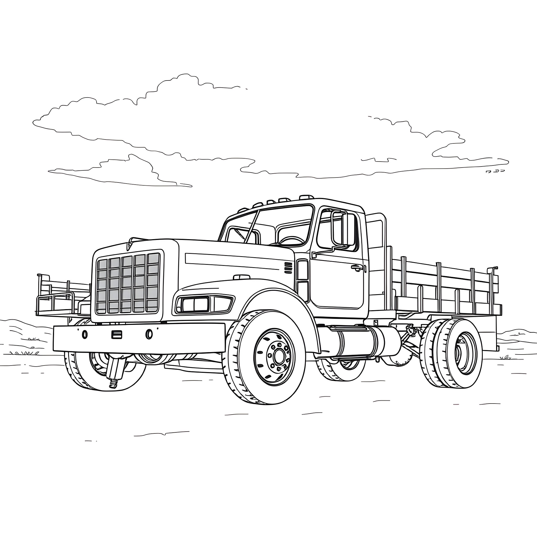 Flatbed truck transporting cargo on the road Coloring Page (free black-and-white line drawing printable PDF for all, from beginners to advanced learners, including children, teens, adults, and seniors)