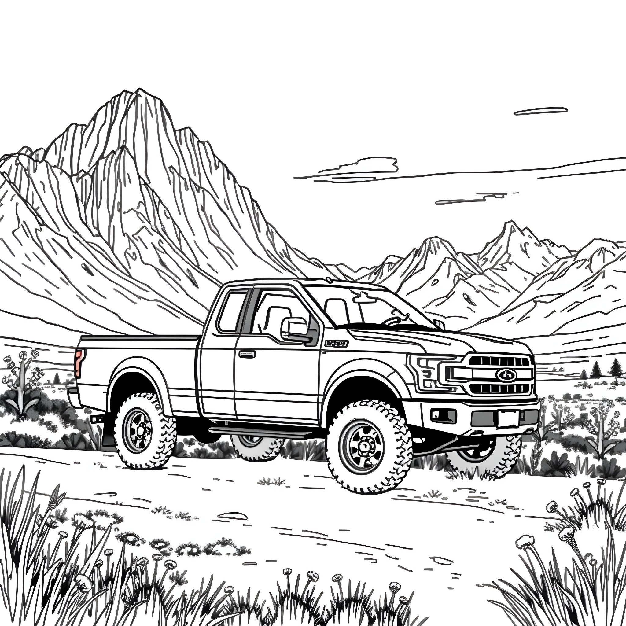 Pick Up Truck Navigating Rugged Terrain Coloring Page (free black-and-white line drawing printable PDF for all, from beginners to advanced learners, including children, teens, adults, and seniors)