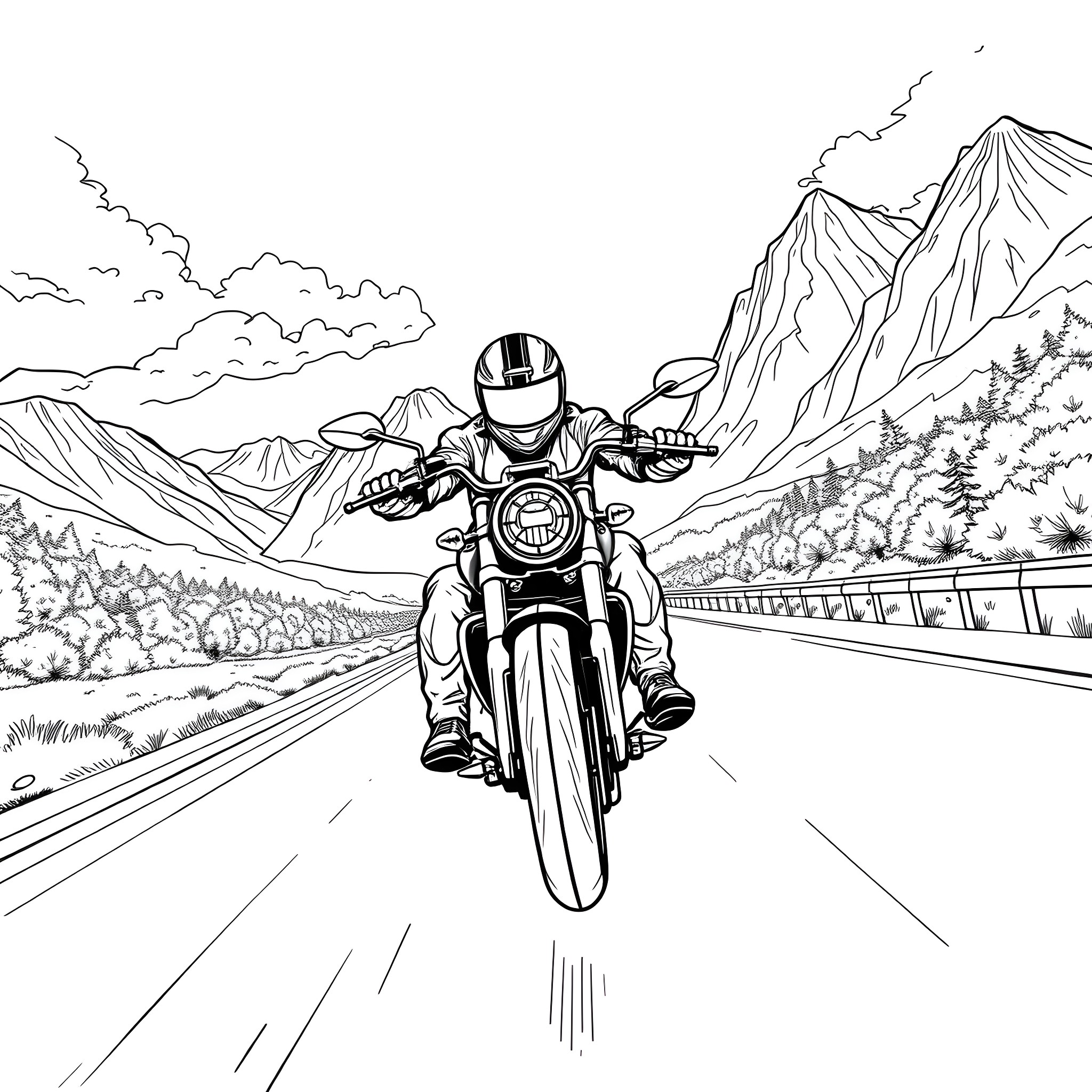 Motor Bike Rider Speeding through Scenic Mountain Road Coloring Page (free black-and-white line drawing printable PDF for all, from beginners to advanced learners, including children, teens, adults, and seniors)