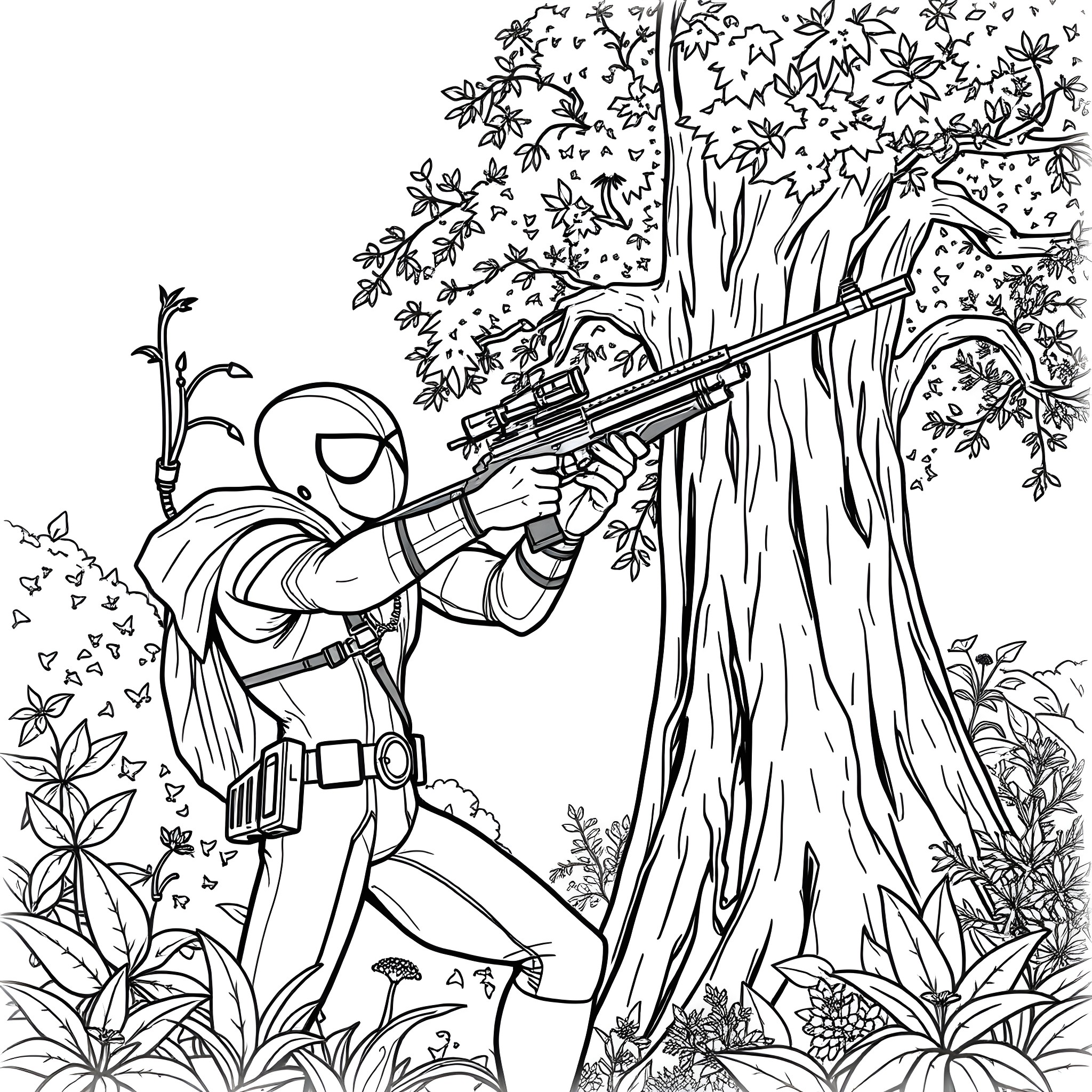 Spiderman in action in the forest Coloring Page (free black-and-white line drawing printable PDF for all, from beginners to advanced learners, including children, teens, adults, and seniors)