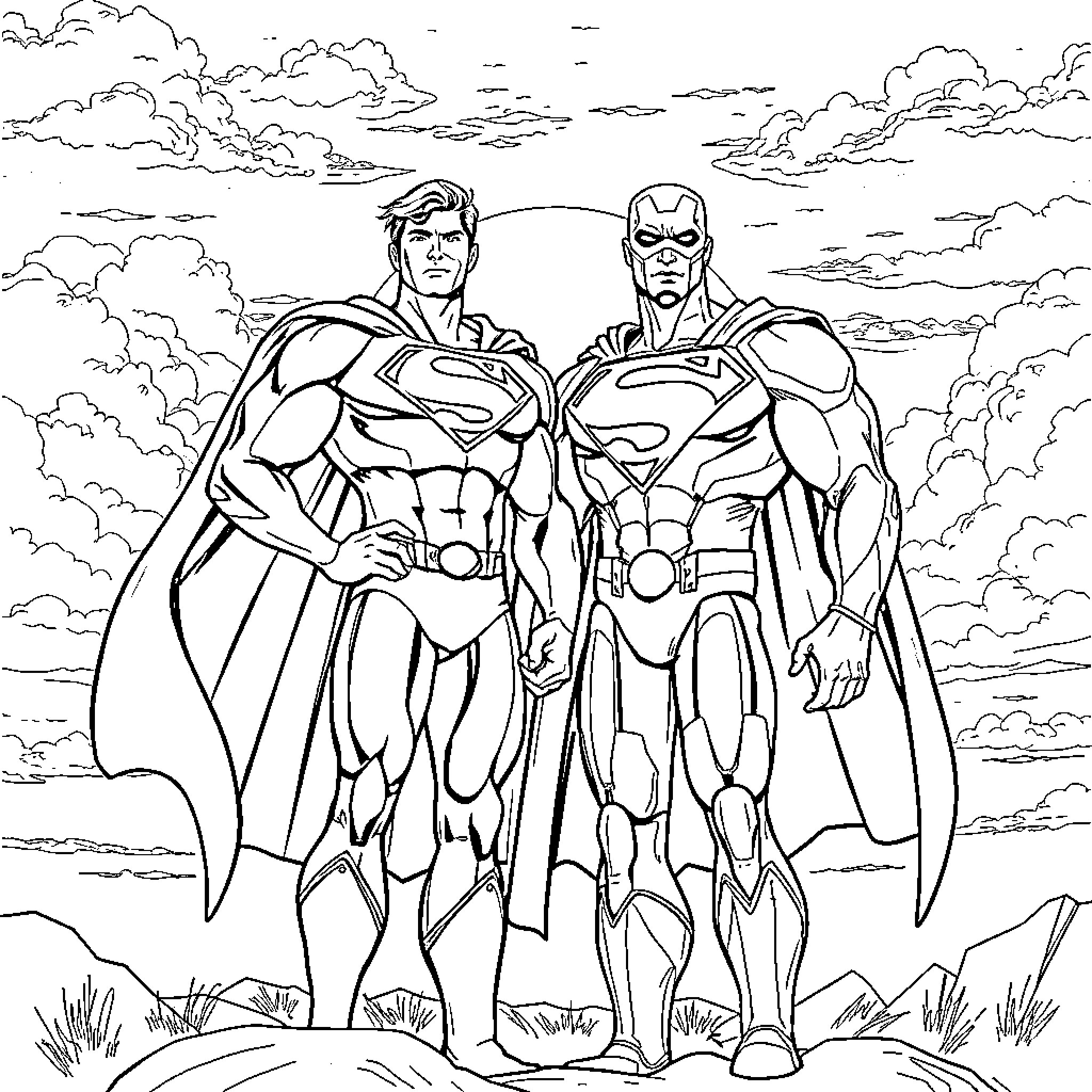 Superman and Iron Man in heroic poses Coloring Page (free black-and-white line drawing printable PDF for all, from beginners to advanced learners, including children, teens, adults, and seniors)