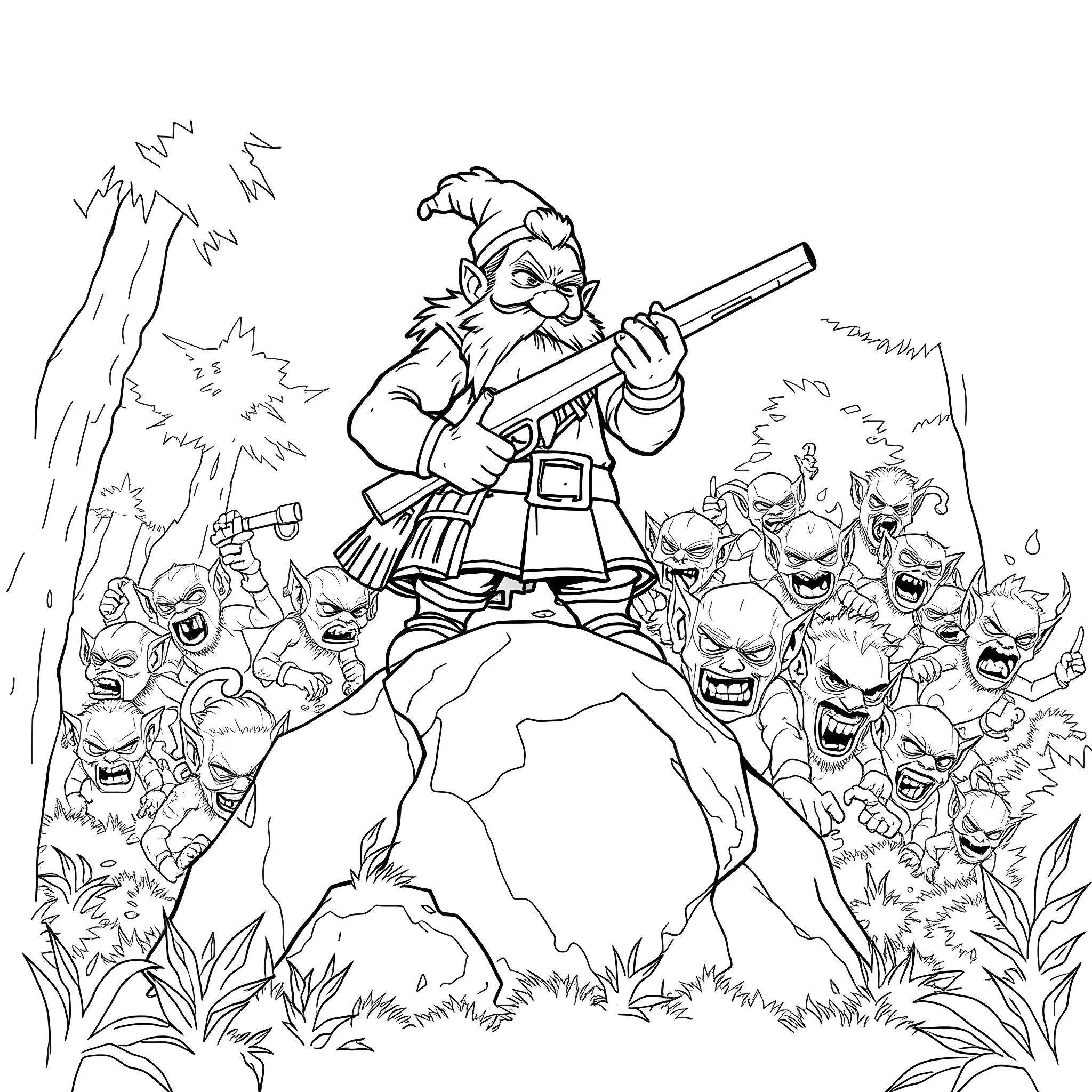 Dwarf warrior leading a horde of fantastical creatures Coloring Page (free black-and-white line drawing printable PDF for all, from beginners to advanced learners, including children, teens, adults, and seniors)