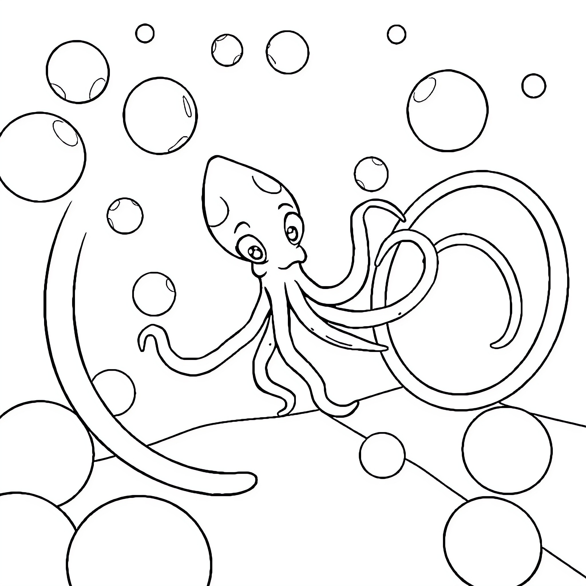 Squid swimming playfully among bubbles Coloring Page (free black-and-white line drawing printable PDF for all, from beginners to advanced learners, including children, teens, adults, and seniors)