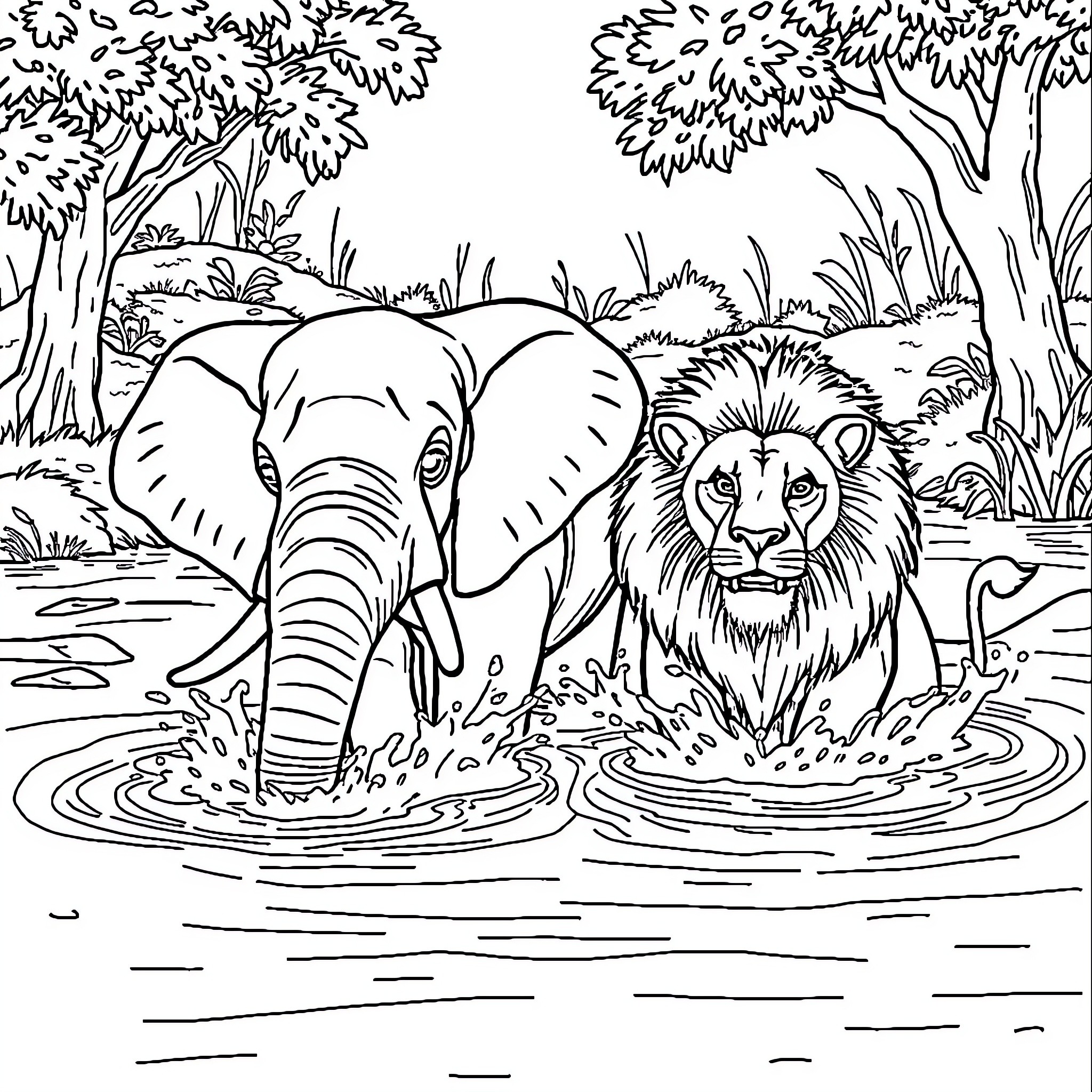 Elephant and Lion in Serene Forest Landscape Coloring Page (free black-and-white line drawing printable PDF for all, from beginners to advanced learners, including children, teens, adults, and seniors)