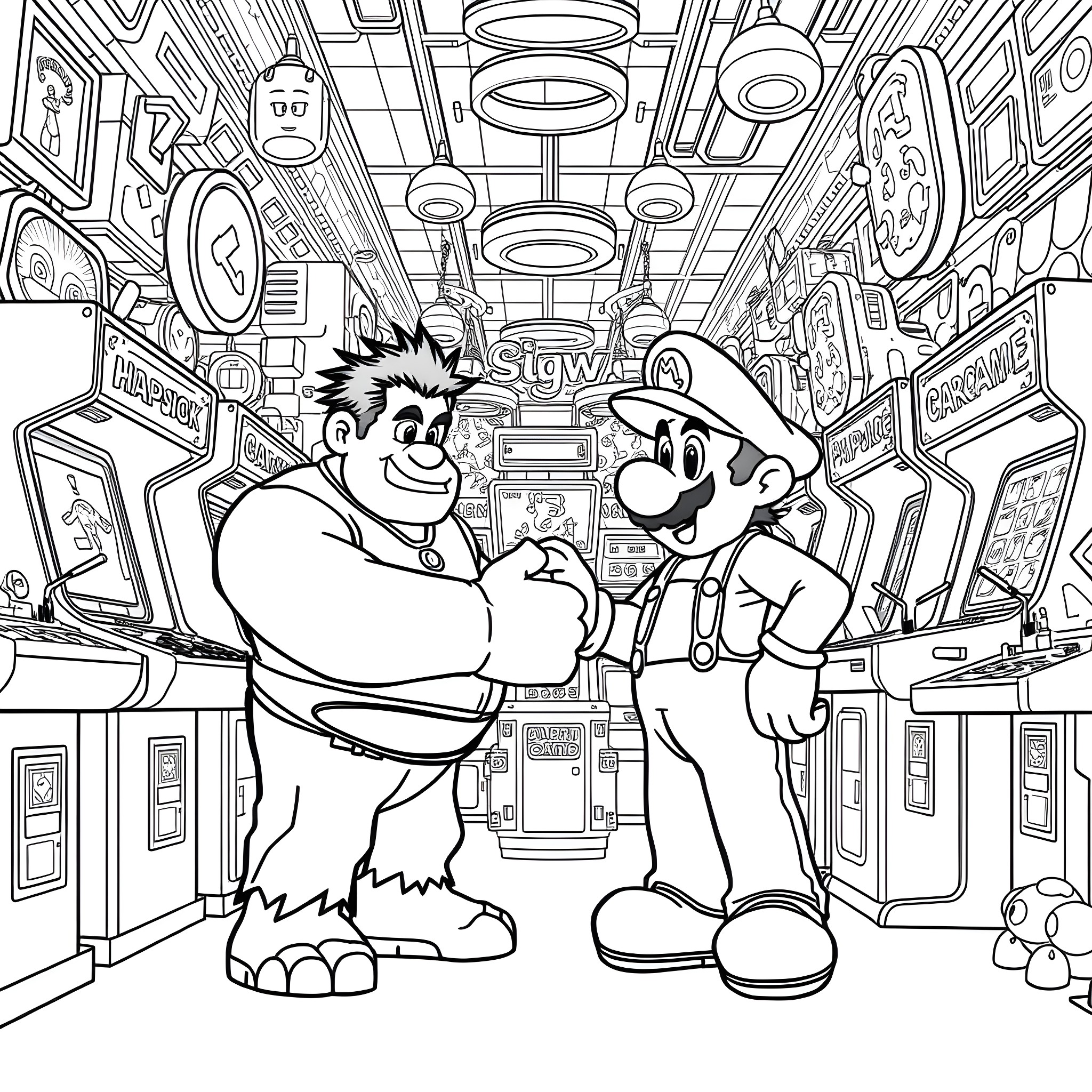 Ralph and Mario in a Retro Arcade Wonderland Coloring Page (free black-and-white line drawing printable PDF for all, from beginners to advanced learners, including children, teens, adults, and seniors)