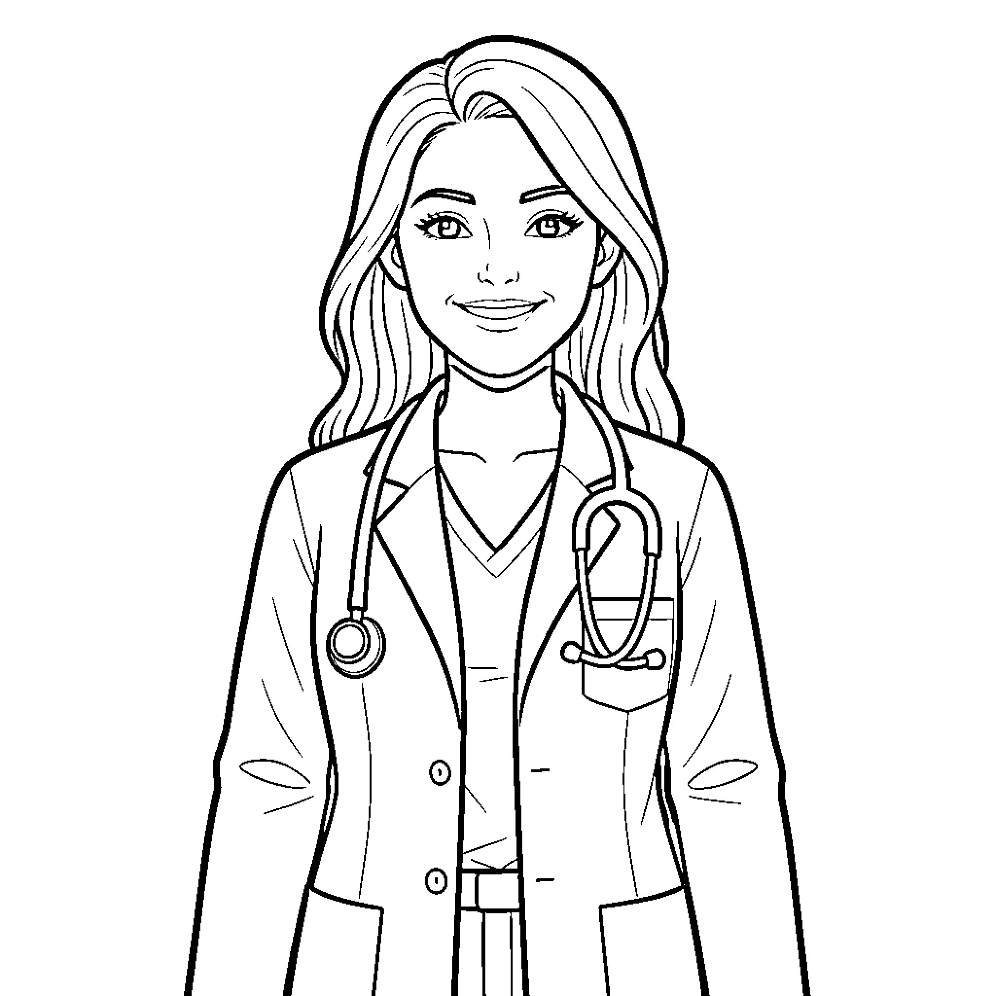 Doctor's Professional Demeanor and Attire Coloring Page (free black-and-white line drawing printable PDF for all, from beginners to advanced learners, including children, teens, adults, and seniors)