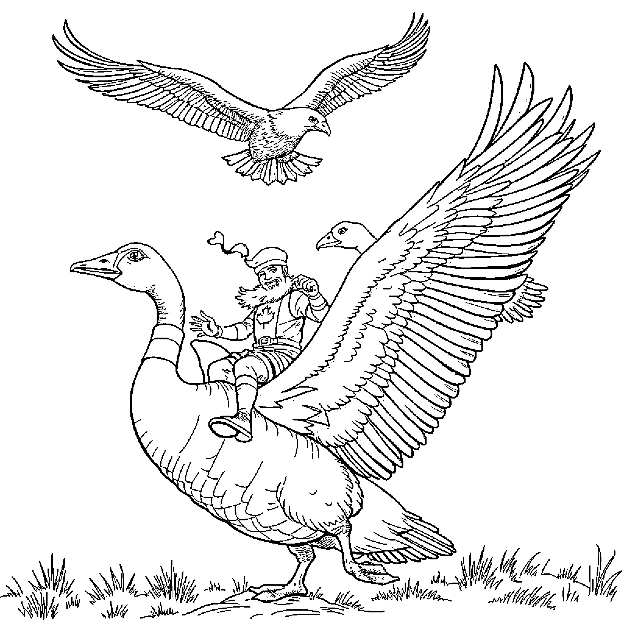 Patriot's avian allies in flight and on the ground Coloring Page (free black-and-white line drawing printable PDF for all, from beginners to advanced learners, including children, teens, adults, and seniors)