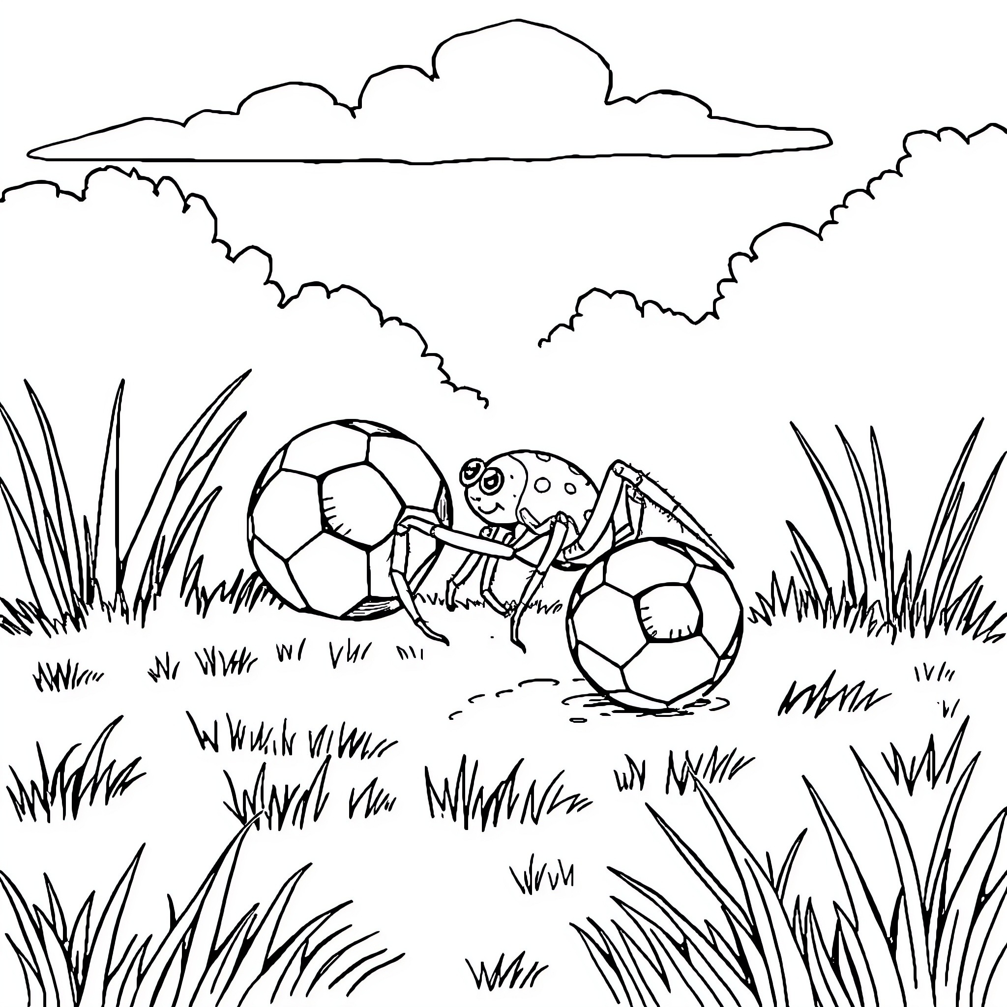 Spider exploring playful footballs in the meadow Coloring Page (free black-and-white line drawing printable PDF for all, from beginners to advanced learners, including children, teens, adults, and seniors)